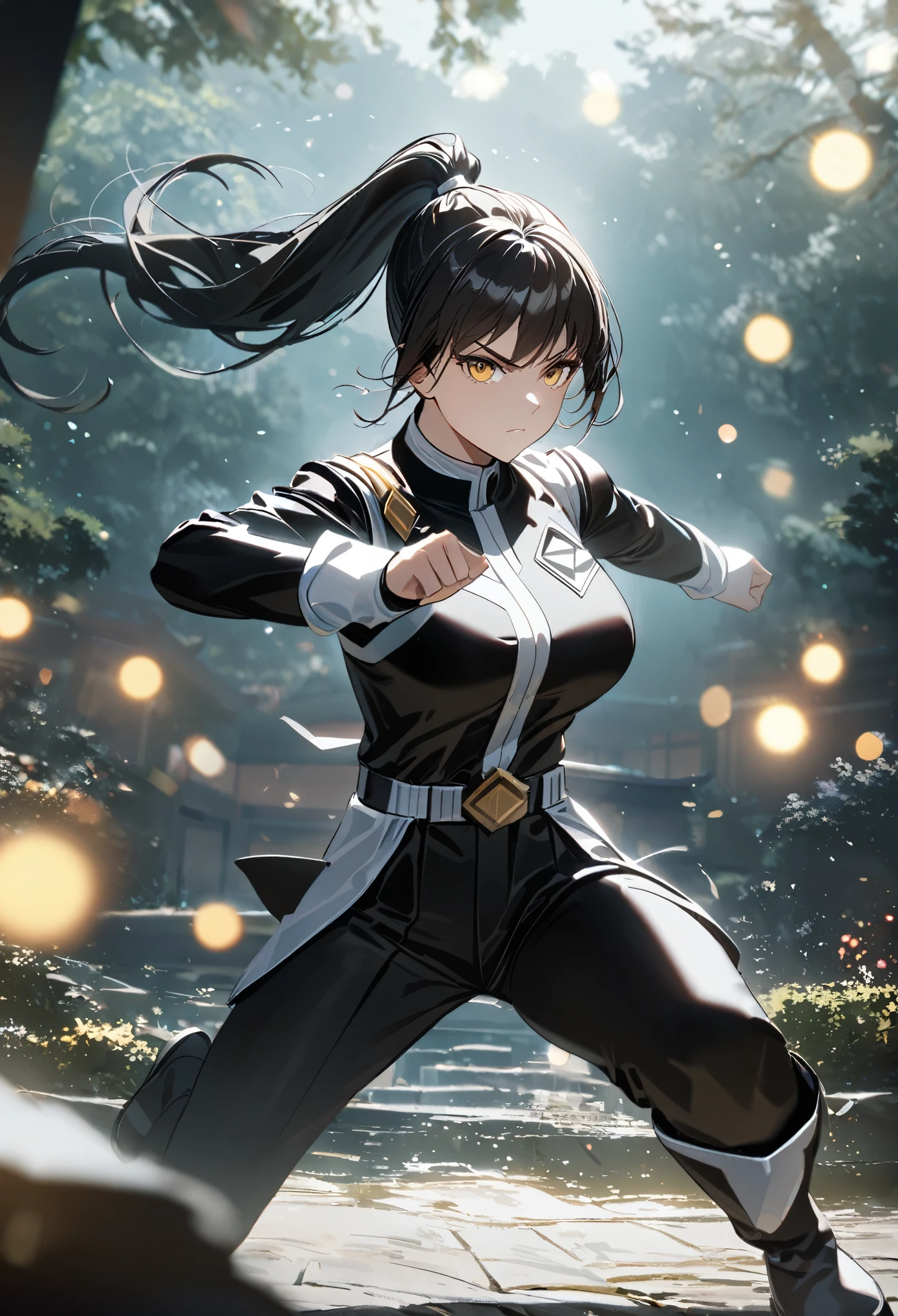 A woman wearing a classic black power ranger uniform, black hair, ponytail hair, yellow eyes, serious face, in a combat stance, in a Japanese garden, full body, bokeh effect,atmospheric perspective, 8k, superdetail, accurate, best quality, award-winning, textured skin, high resolution, anatomically correct(solo woman)
