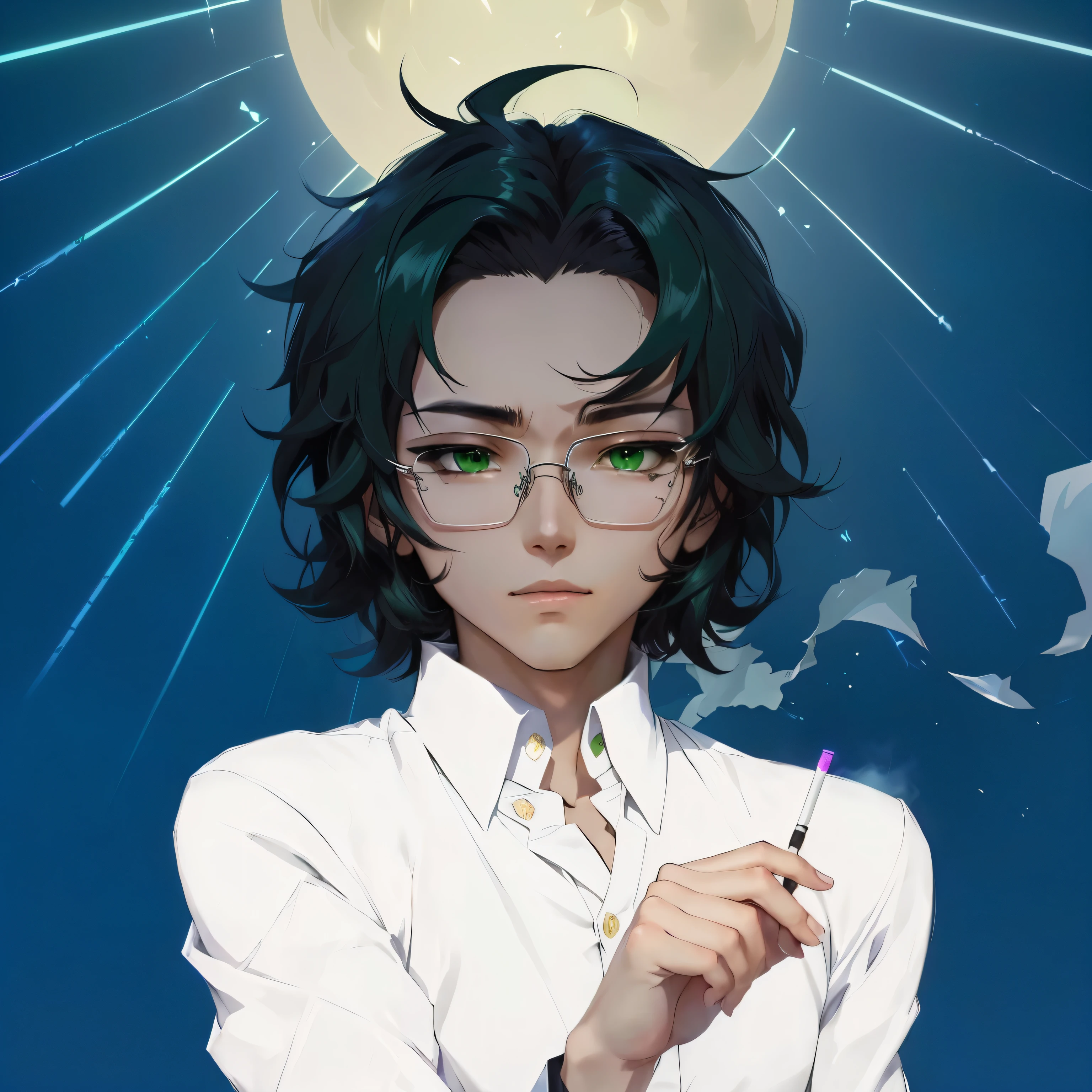 anime person with glasses and a white shirt holding a cigarette, shinkai makoto, demon slayer rui fanart, anime moe artstyle, inspired by Okumura Masanobu, handsome guy in demon slayer art, in an anime style, anime style character, in anime style, delicate androgynous prince, 2 d anime style, fubuki, green eyes, sharp green eyes, androgynous anime person
