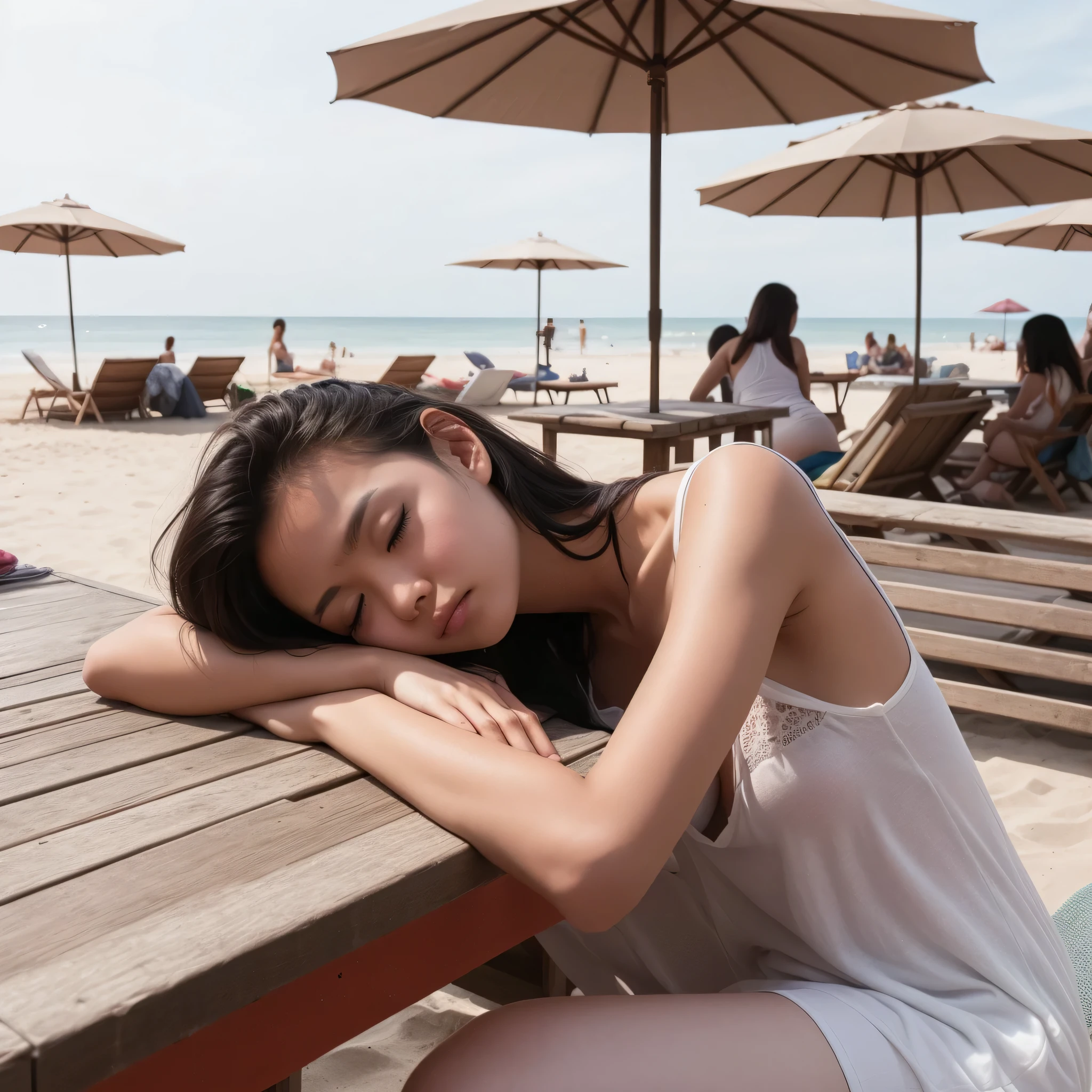 an indonesian girl, 18 year old, wearing a looser white tanktop, sleeping on the beach table, outdoor at beach atmosphere, human, table and chair, umbrelas, as background