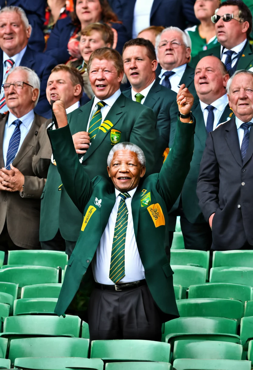 Apoyo a los Springboks: Imagine a photograph of Mandela in the stands of a stadium, rodeado de seguidores de rugby de diferentes razas, todos vitoreando juntos. Esta imagen simboliza su compromiso con la unidad nacional al apoyar al equipo.