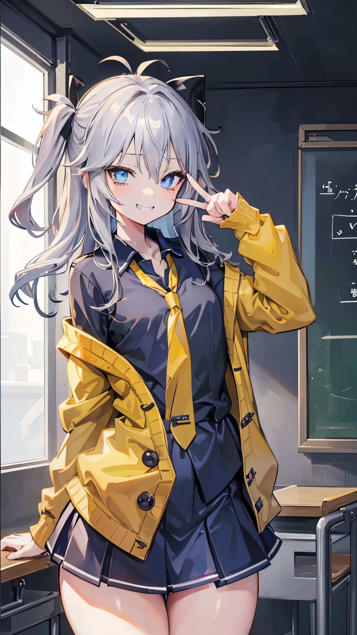 (8k、Best image quality、highest quality、masterpiece)、Detailed face、 1 girl、kasukabe tsumugi、Grey Hair、Side Tail、Light blue eyes、evil smile、((Grin))、Small breasts、((Black Shirt))、Yellow tie、Yellow cardigan、((micro miniskirt))、thighs、curvy、Cowboy Shot、Classroom Background