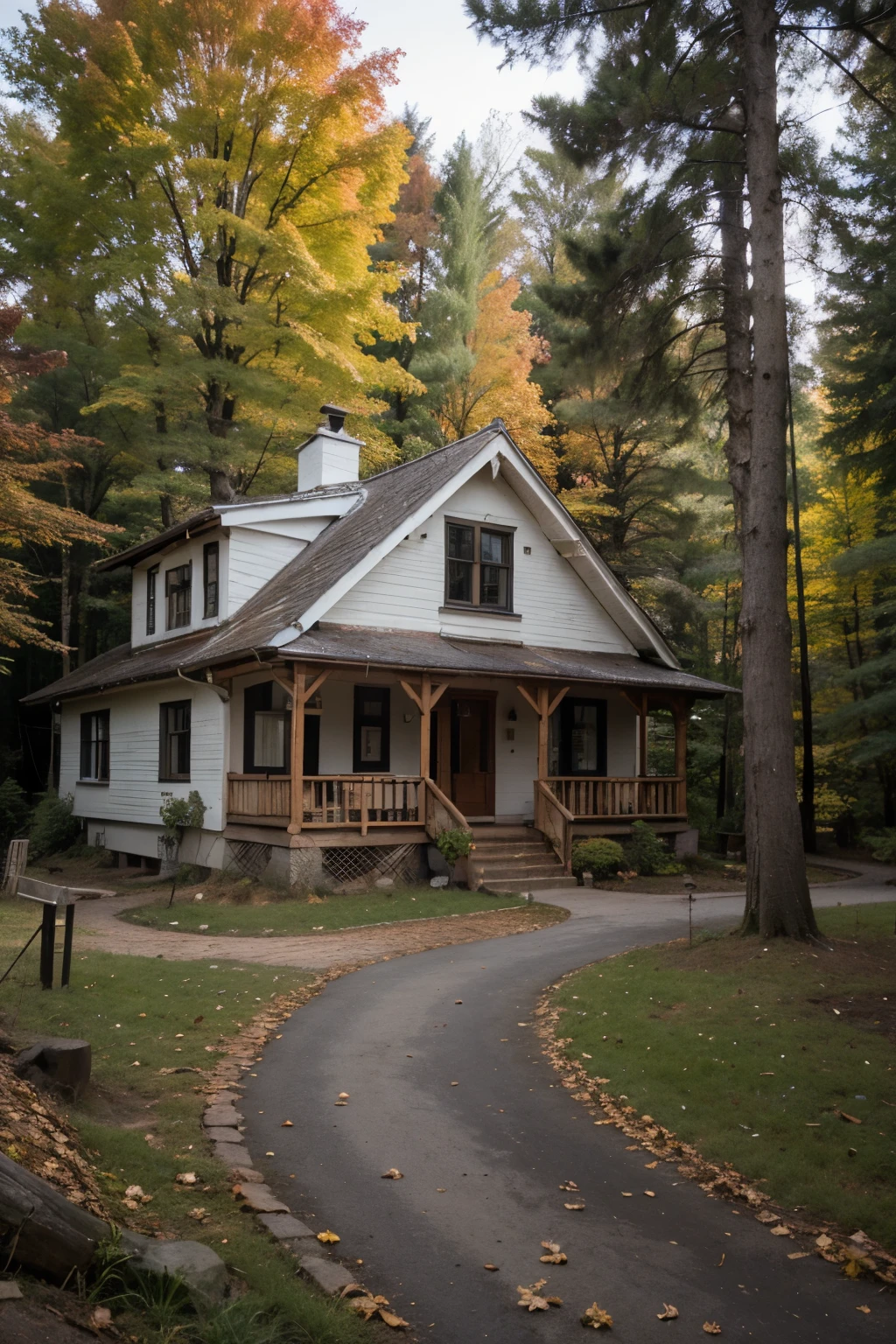 create an image for you, with a white wooden house surrounded by a forest with autumn vegetation and a black humanoid figure in the center