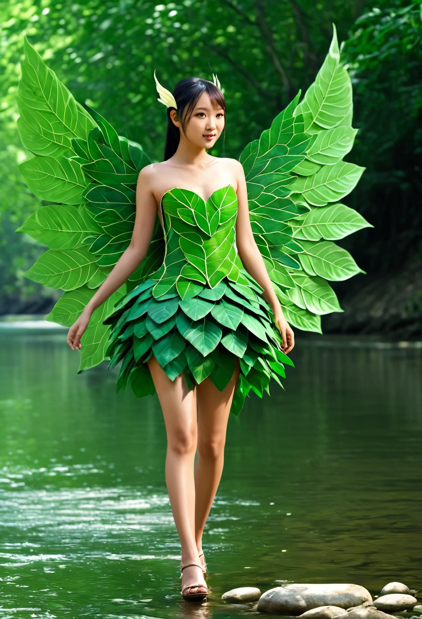 photorealistic, ultraHD, a beautiful asian girl, fairy girl, wearing a mini dress made from a series of very realistic green leaves, and large wings, similar to bird wings, made from a series of very real leaves, walking by the river, in the background, in the middle of the forest.