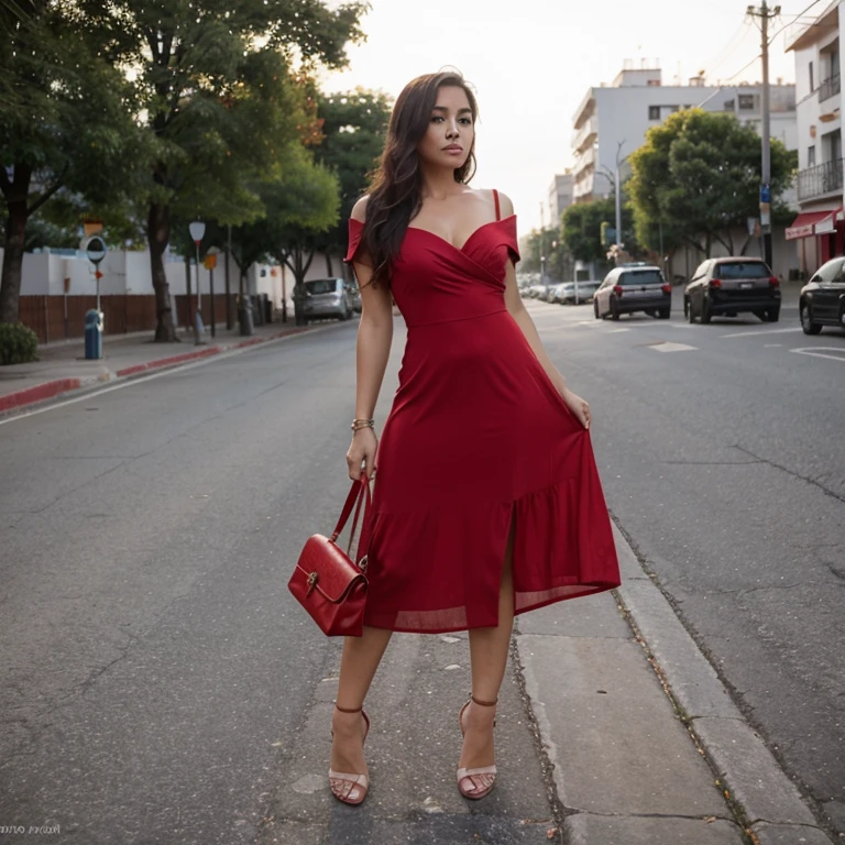Mujer mestiza 90 60 90 con vestido de tirantes rojo y tacones