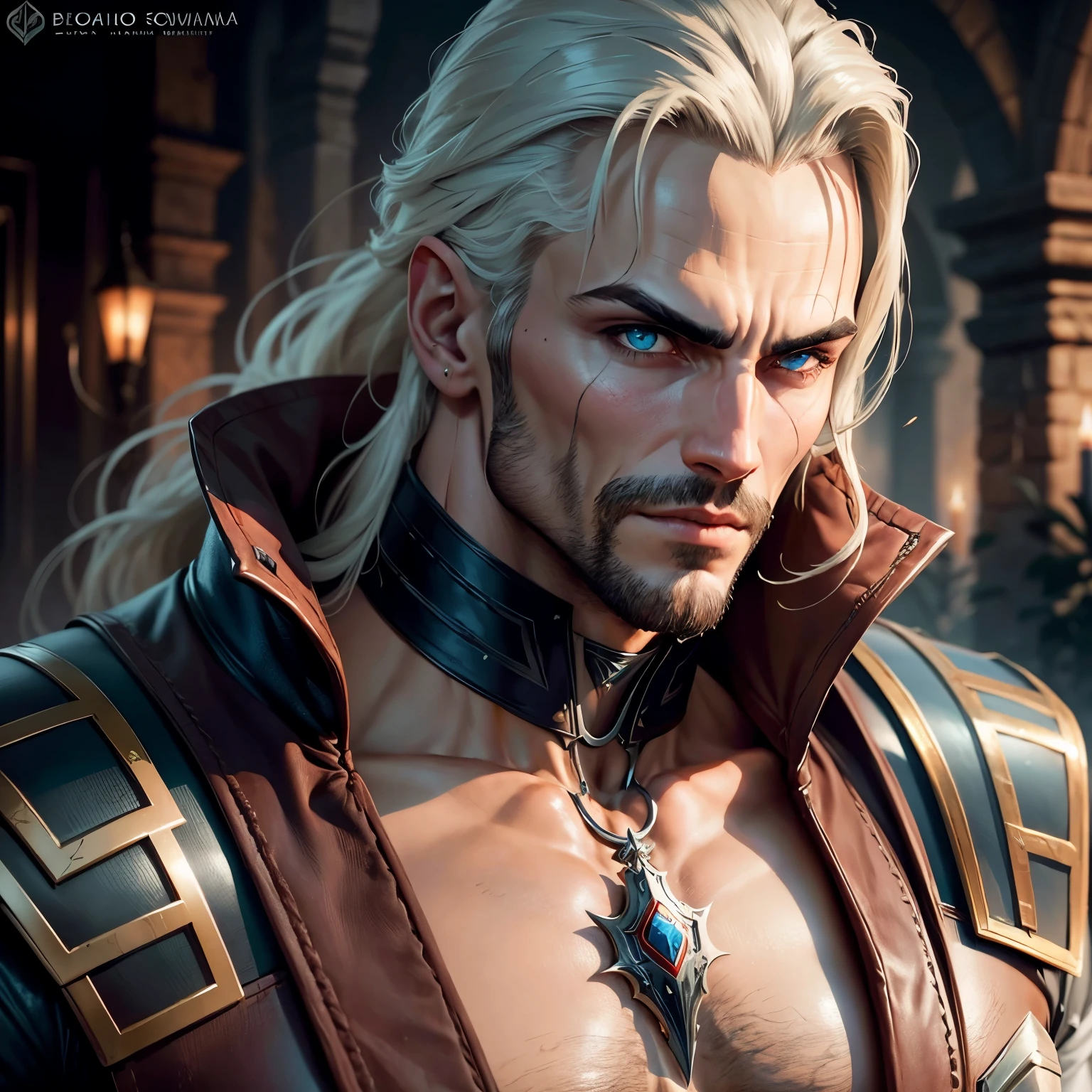 Castlevania Senhor das sombras careca bonito barba muscular olhos brilhantes retrato de rosto retrato de rosto sexy super detalhado hiper realista