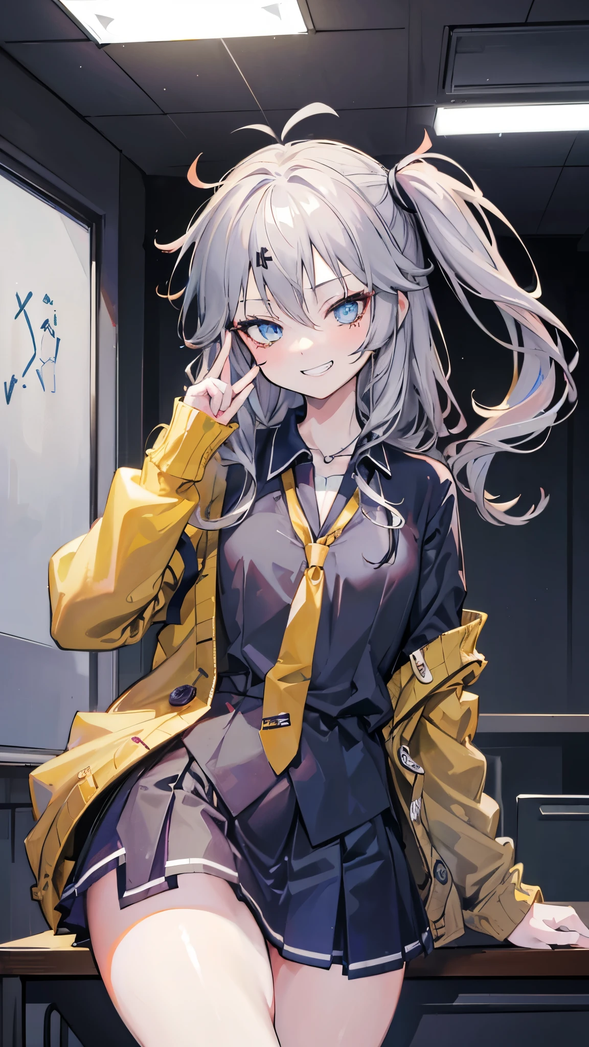 (8k、Best image quality、highest quality、masterpiece)、Detailed face、 1 girl、kasukabe tsumugi、Grey Hair、Side Tail、Light blue eyes、evil smile、((Grin))、Small breasts、((Black Shirt))、Yellow tie、Yellow cardigan、((micro miniskirt))、thighs、curvy、Cowboy Shot、Classroom Background