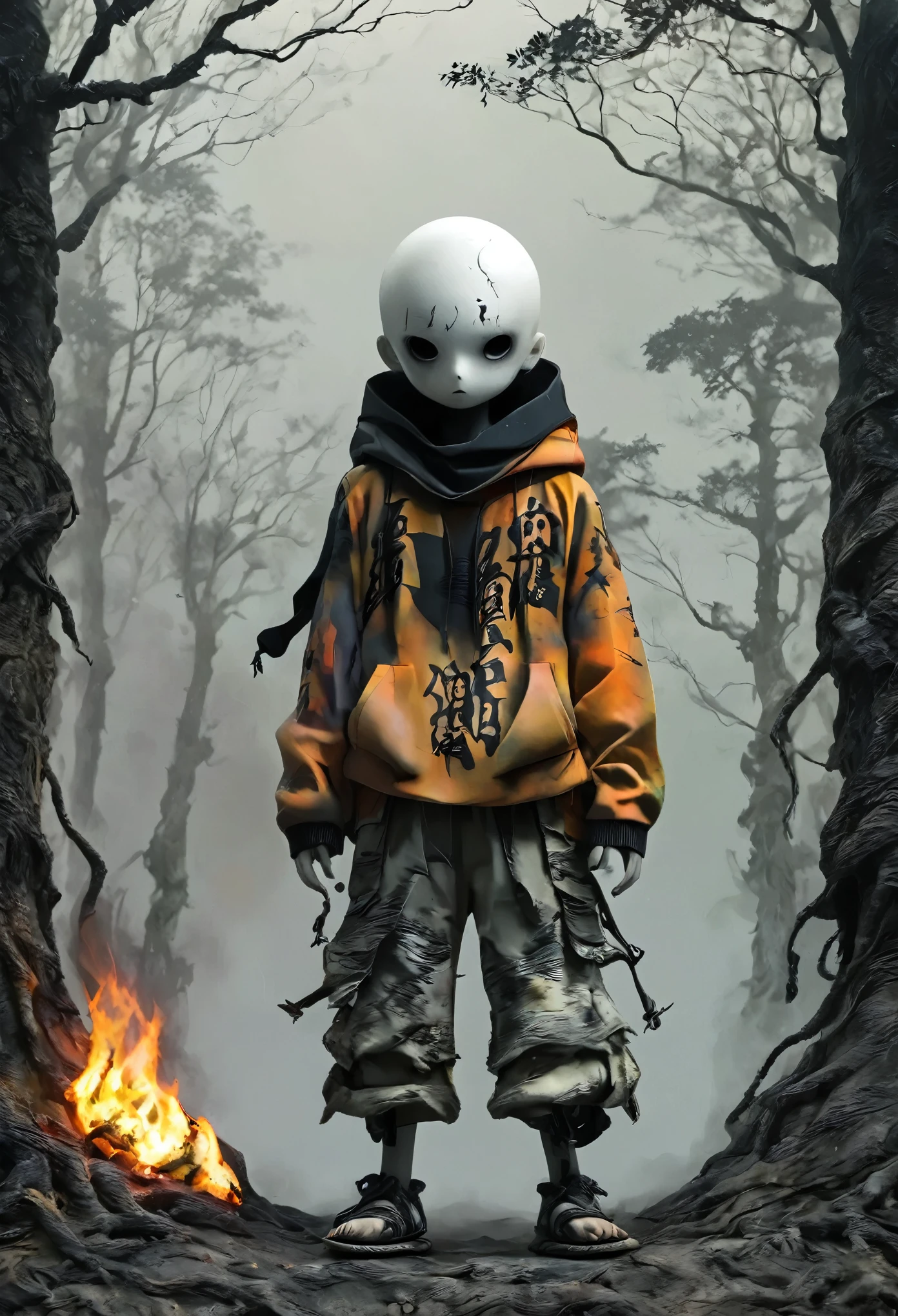 1boy,beads,black eyes,full body,,hood,hood down,looking at viewer,old,pants,solo,standing，Stand high，Beautiful scenery，horrifying，forest，flame，dark，Stone