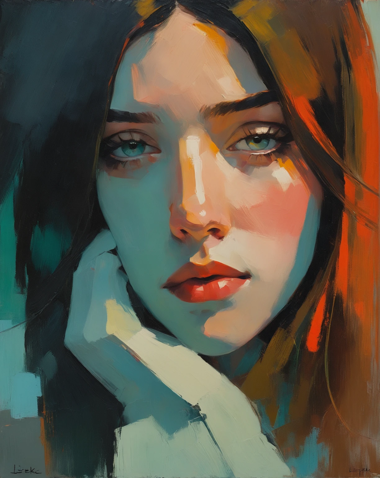 Create an evocative oil painting inspired by Malcolm Liepke, based on the provided image. Capture the intense, introspective expression of the young subject using thick, expressive brushstrokes and a muted color palette. Highlight the emotional depth and vulnerability in the subject's gaze, emphasizing the play of light and shadow on their face. Maintain a simple, textured background that complements the subject's contemplative presence. Focus on the tactile quality of the oil paint to convey the raw emotion and intimacy characteristic of Liepke's style.