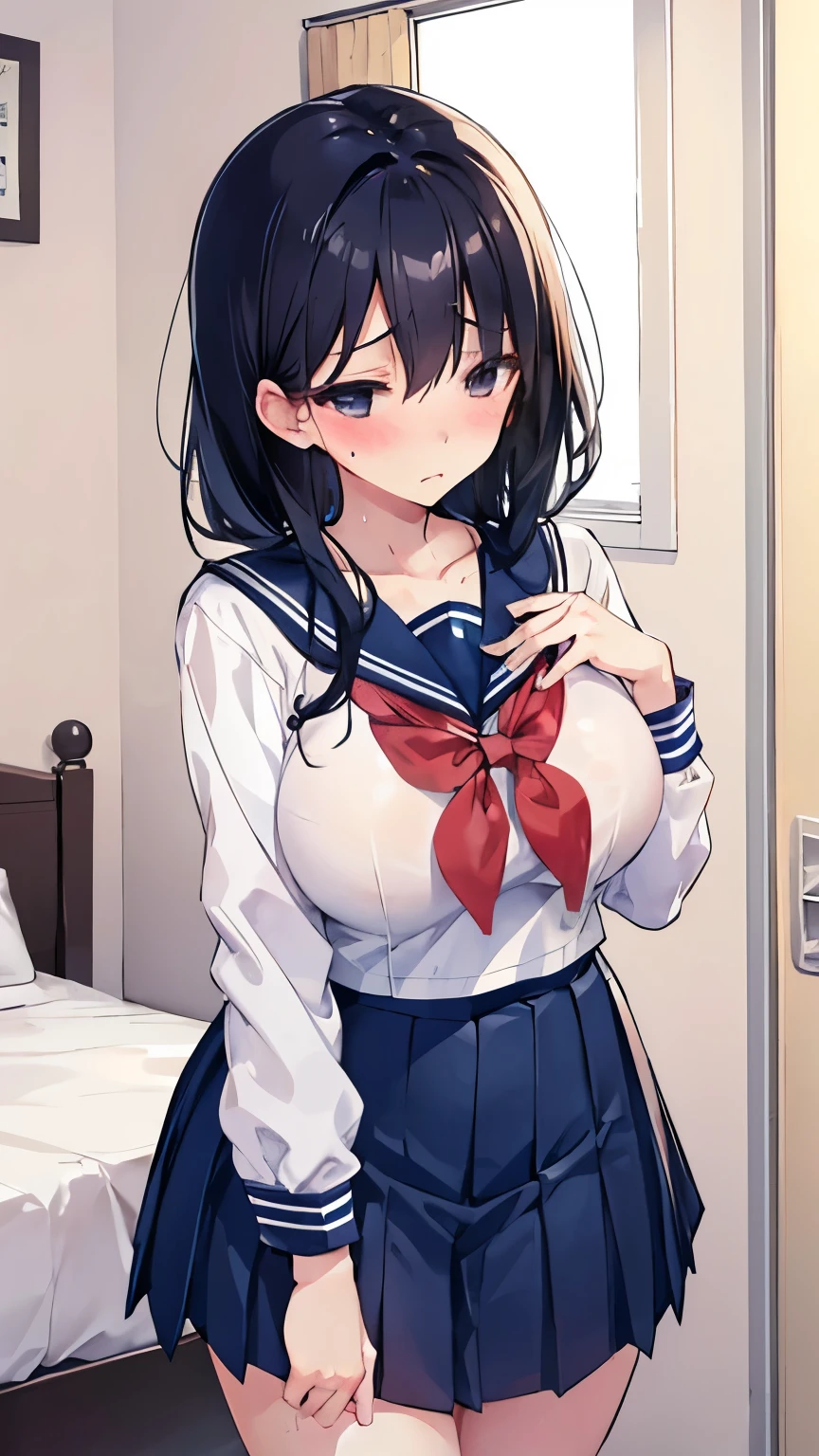 beautiful girl、high school girl、Black Hair、Shy expression、blush、Big breasted body type、Sweat、Sigh、Navy blue sailor suit、、Short pleated skirt、bedroom