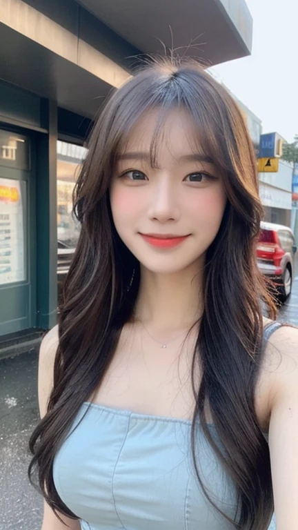 ((best quality, 8k, masterpiece:1.3)), important: 1.2, Perfect cute 18 year old schoolgirl: 1.4, Hips: 1.2, (Layered Hairstyle,), (Wet clothes: 1.1), (rain, street:1.3), Chiffon Flower Fairy Dress: 1.1, Highly detailed face and skin texture, beautiful eyes, Double eyelids, skin whitening, Long hair, (shut up: 1.3), Smile
