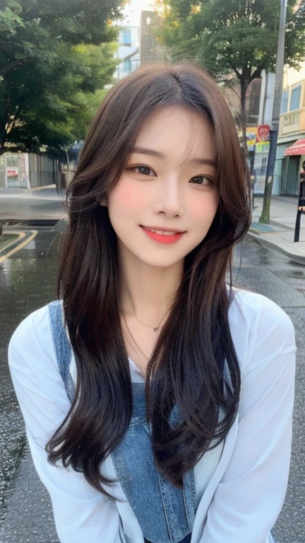 ((best quality, 8k, masterpiece:1.3)), important: 1.2, Perfect cute 18 year old schoolgirl: 1.4, Hips: 1.2, (Layered Hairstyle,), (Wet clothes: 1.1), (rain, street:1.3), Chiffon Flower Fairy Dress: 1.1, Highly detailed face and skin texture, beautiful eyes, Double eyelids, skin whitening, Long hair, (shut up: 1.3), Smile