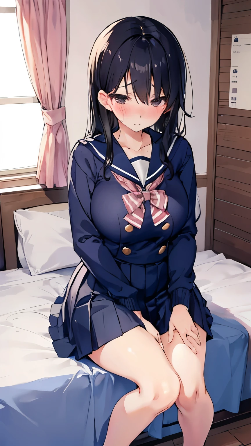 beautiful girl、high school girl、Black Hair、Shy expression、blush、Big breasted body type、Sweat、Sigh、Navy blue sailor suit、、Short pleated skirt、bedroom