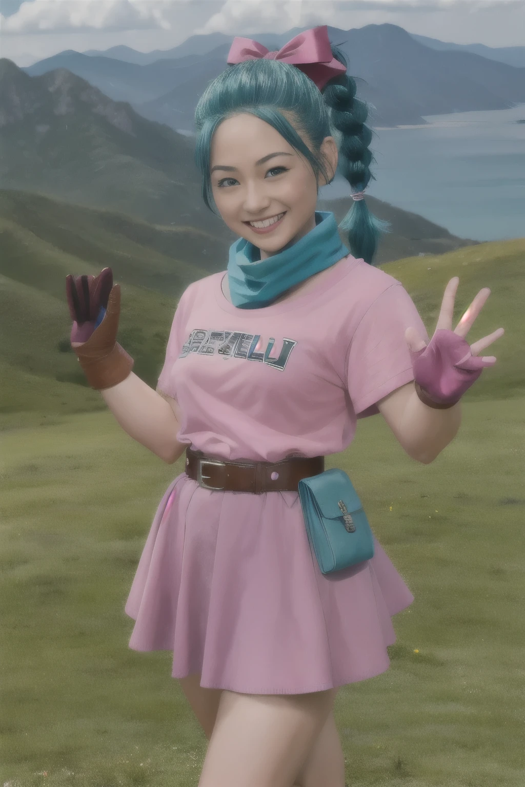 masterpiece, top quality, high resolution, Dragon Ball, Brun Pony, aqua hair, hair ribbon, braided ponytail, pink shirt, belt, scarf, pink skirt, clothing writing, brown gloves, medium chest, outdoors, cowboy shot, hands waving, smiling
