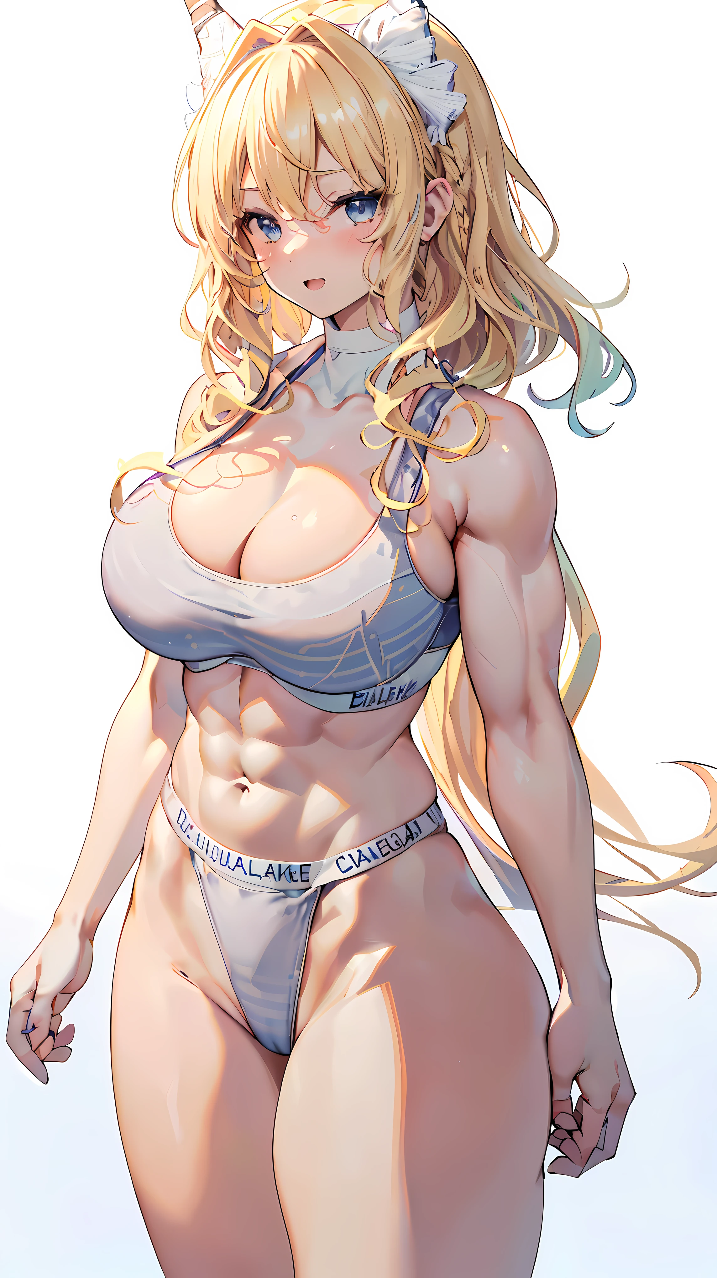 Very detailed、highest quality、Best image quality、masterpiece、8k、Anime Face、A kind smile、(Open your mouth:1.3)、Sparkling blue eyes、(Blonde Wavy Hair:1.5)、(Muscles of the whole body:1.3)、(highleg:2.0)、(Wearing a thong:1.5)、Thigh belt、(Cowboy Shot:1.5)、(SFW Giant)、(Thick body:1.2)、(bra:1.5)、(sxspnts)、(Rear view:1.5)、(White background:1.5)