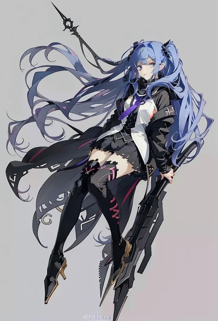 1 Girl, long_hair, Solitary, grey_background, Pointy_ear, tHighHighs, High_High heel, skirt, decorate