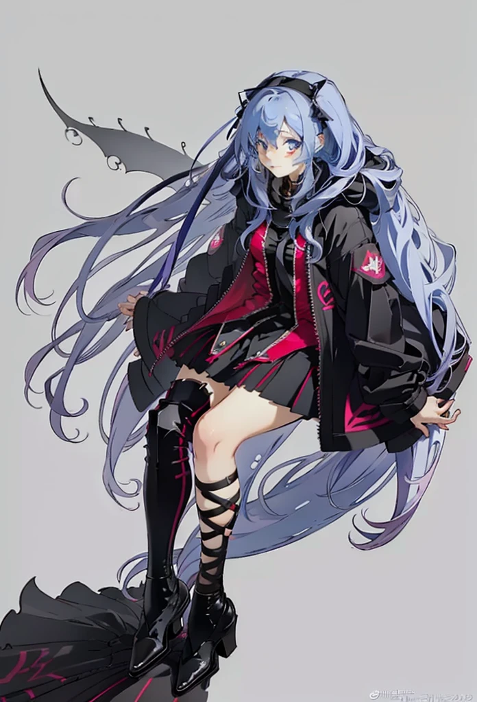 1 Girl, long_hair, Solitary, grey_background, Pointy_ear, tHighHighs, High_High heel, skirt, decorate