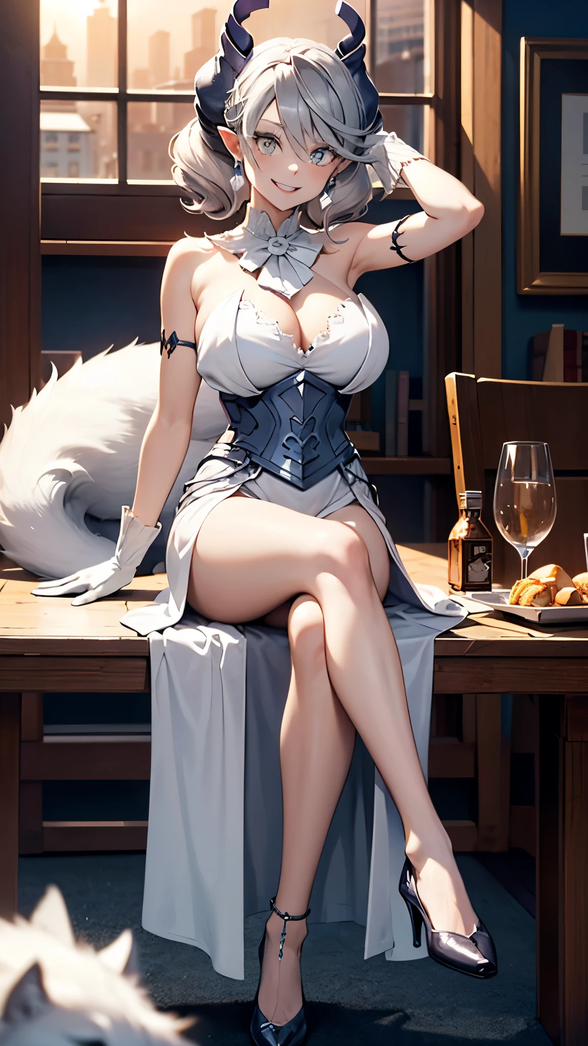 table top　High level image quality　best image quality　8K　 adult woman　whole body　portrait　pure white long gloves（elbow gloves）　　white long dress（slit）　white wolf ears  　short hair（（shortcut）（gray hair）（perm）（fluffy））　eye color is blue　attractive evil face（（smile）（ open your mouth）） sunset river  　sexy pose , crossed legs style in detailed , sitting,  labrynth ,  view from front  , face focused , legs focused 