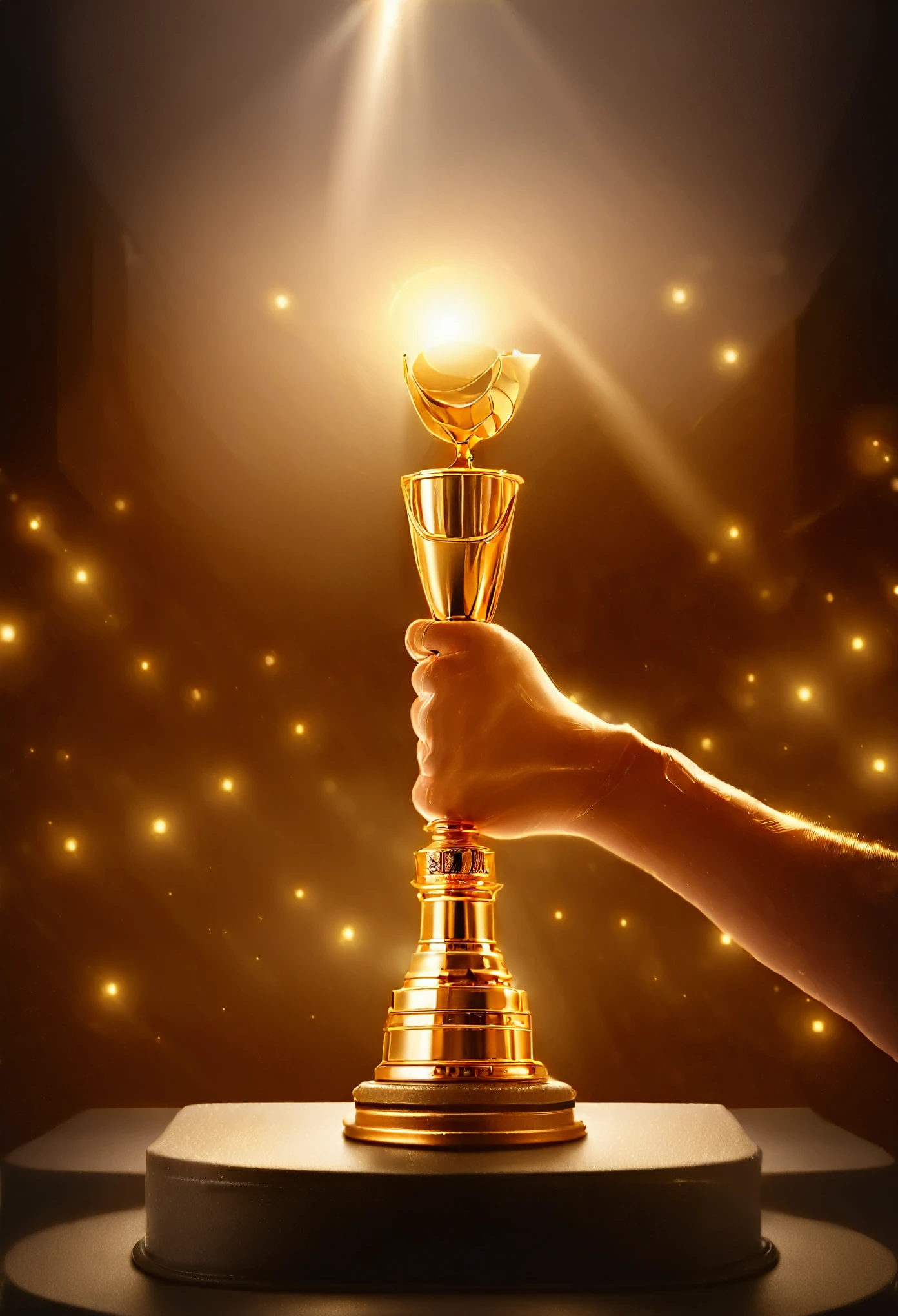 (best quality,highres,masterpiece:1.2),ultra-detailed,(realistic:1.37)
under the spotlight,a hand holding a mini golden trophy, placed on the podium,close up
