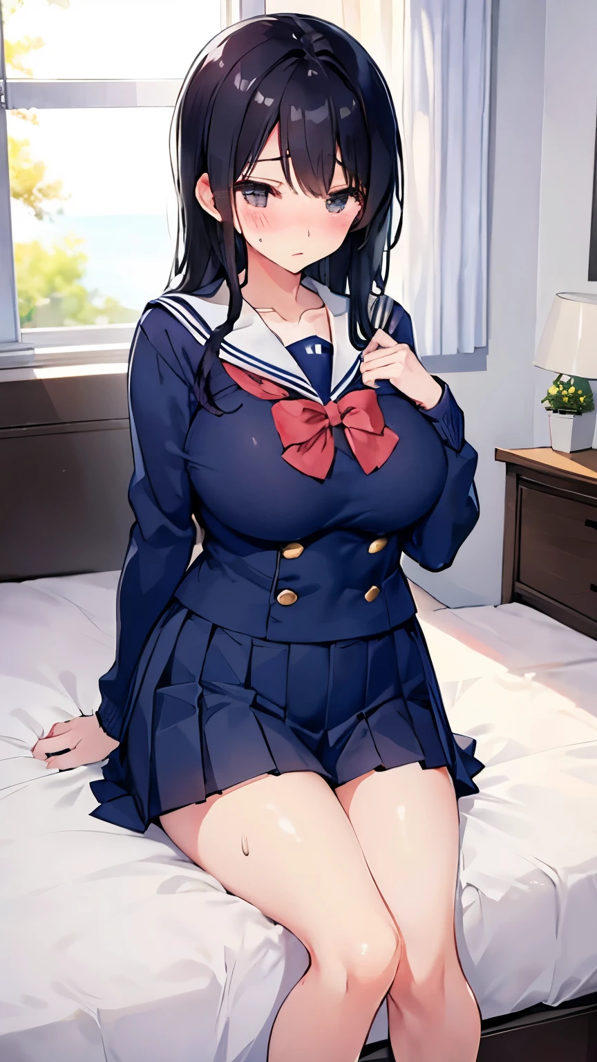 beautiful girl、high school girl、Black Hair、Shy expression、blush、Big breasted body type、Sweat、Sigh、Navy blue sailor suit、、Short pleated skirt、bedroom