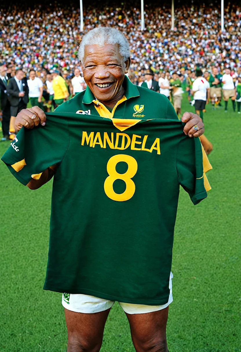 Portar la camiseta de los Springboks: View an iconic image of Mandela on the rugby field, vistiendo la camiseta verde y dorada de los Springboks, saludando a la multitud con una sonrisa. This gesture symbolizes reconciliation and mutual acceptance between different racial groups..