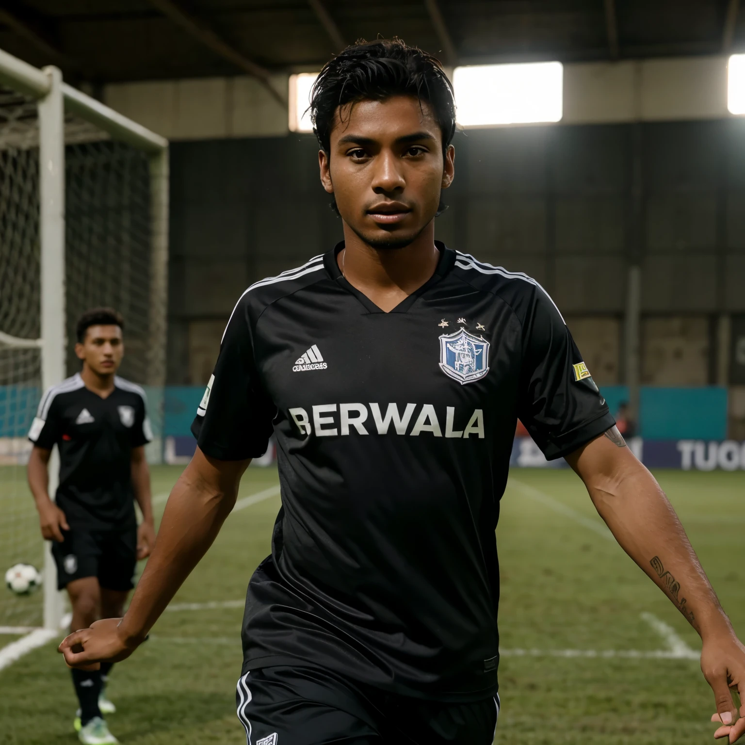 Miguel, a young dark-skinned Brazilian leading his soccer team the Cuervos FC, imagen detallada, 4K