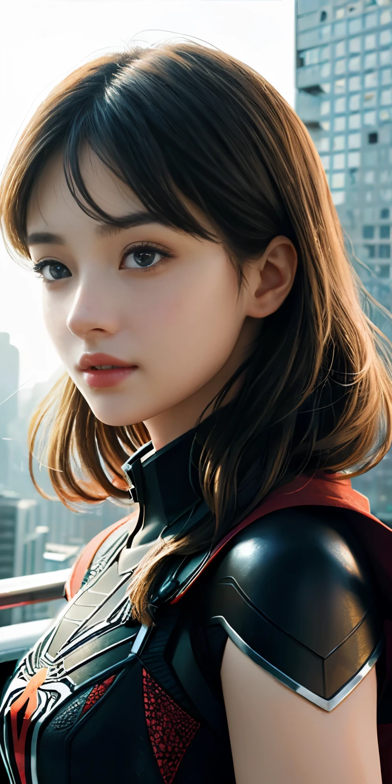 (1girl:1.3), Solo, (((Very detailed face)))), ((Very detailed eyes and face)))), Beautiful detail eyes, Body parts__, Official art, Unified 8k wallpaper, Super detailed, beautiful and beautiful, beautiful, masterpiece, best quality, original, masterpiece, super fine photo, best quality, super high resolution, realistic realism, sunlight, full body portrait, amazing beauty, dynamic pose, delicate face, vibrant eyes, (from the front), She wears Spider-Man suit, red and black color scheme, spider, very detailed city roof background, rooftop, overlooking the city, detailed face, detailed complex busy background, messy, gorgeous, milky white, highly detailed skin, realistic skin details, visible pores, clear focus, volumetric fog, 8k uhd, DSLR, high quality, film grain, fair skin, photo realism, lomography, futuristic dystopian megalopolis, translucent