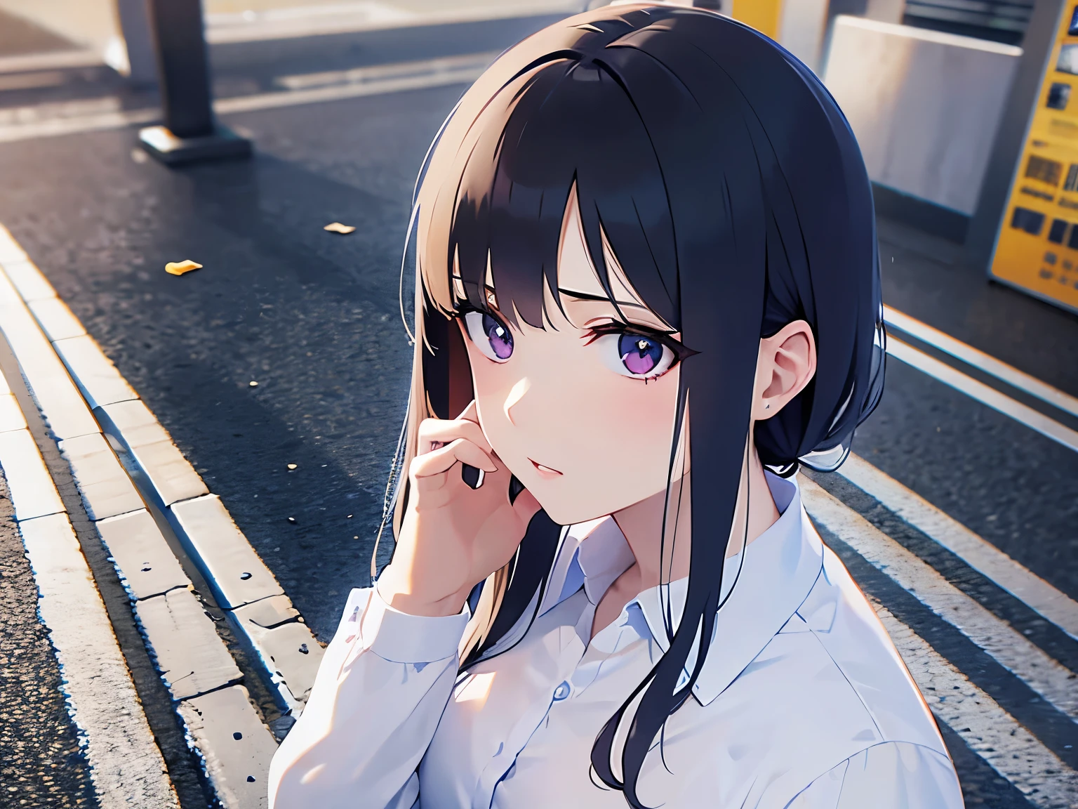 Shooting from above、looking up, Placing hand on face, Biologically correct five fingers、upper body, Realistic, real person, (pale skin: 1.2), (RAW photo:1.5), photorealistic, shiny skin, shiny hair、(A 25-year-old woman with straight hair and bangs) and (medium hair) and (black hair) and (purple eyes), business suit, (scared:1.3),  The background is a train station、alone、Are standing
