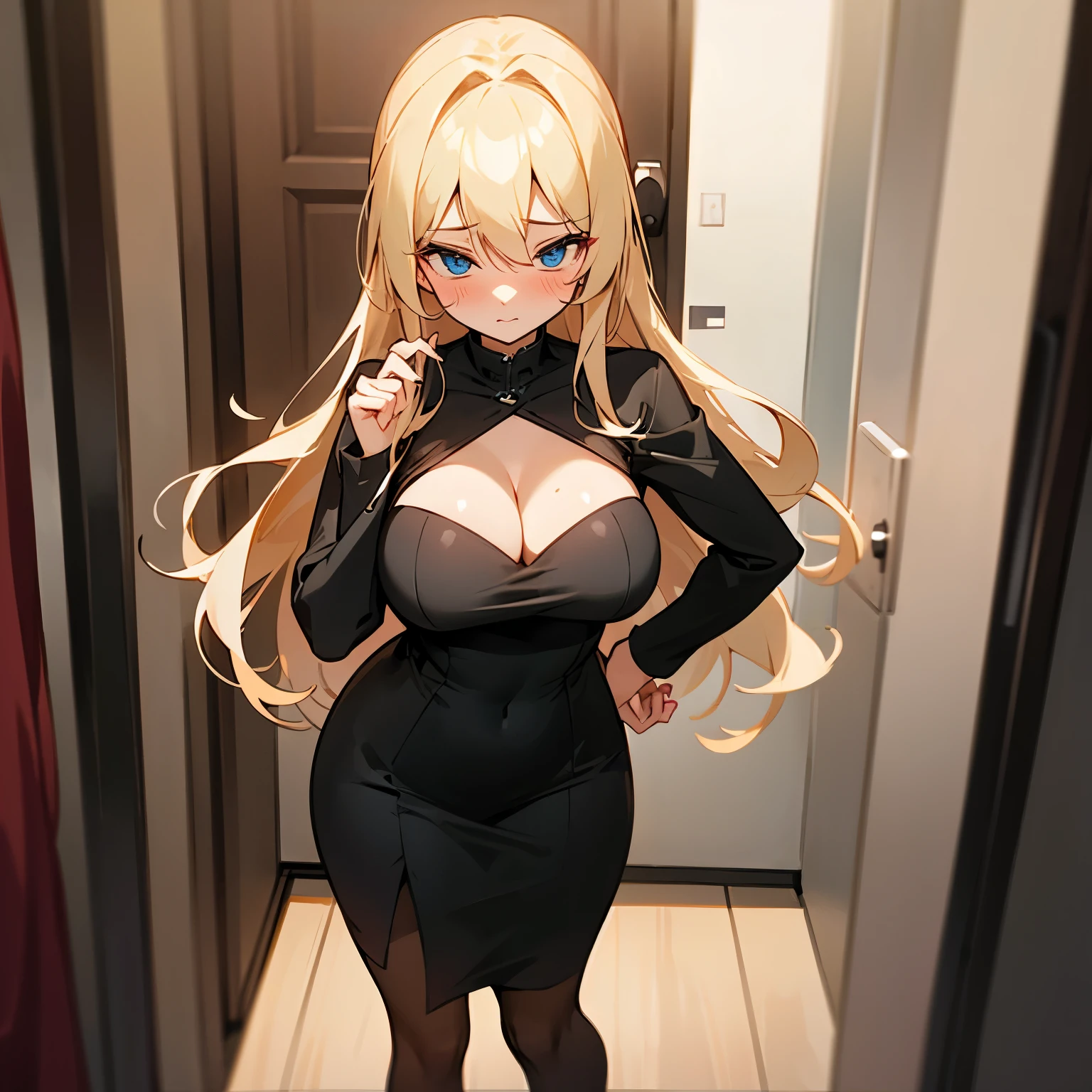 Shy, long blond hair, huge tits, tight black dress, standing infront of the enter door, bed room, clutching dress, blush,