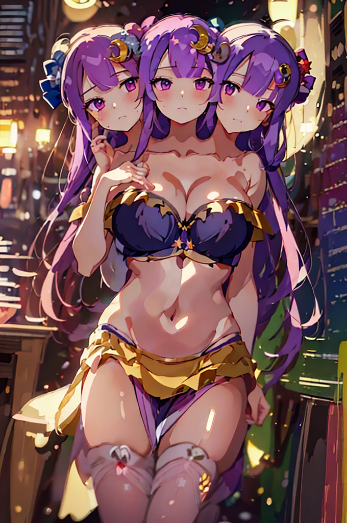 (masterpiece, best quality), best quality, (ultra-detailed), (3heads:1.5), 1girl, (patchouli knowledge:1.3), masterpiece, best quality, (high quality), (high resolution), (best quality:1.5, highres, UHD), highres, absurdo, ultra detail, ultra quality, ultra resolution, purple top, crop top, ((stomach)), midriff, ((groin)), vertical striped skirt, normal ears, shackles, purple hair, very long hair, wavy hair, sidelocks, green eyes, parted lips, single horn, sweat, cute, toned belly, hand on own chest, eyelashes, (26 year old woman:1.3), (masterpiece:1.5), (best quality:1.5), (beautiful detailed, extremely detailed CG, extremely delicate and beautiful, depth of field, (finely detailed face), (perfect details:1.2), (mature female:1.3), wide pelvis, slender, large veiny breast, 16k resolution, high quality, high definition, extremely detailed, masterpiece, purple hair, long hair, alluring presence, braid, short skirt, close up, big tits, young, crescent hat ornament, crescent, hair bow, bow, open belly, nsfw,
