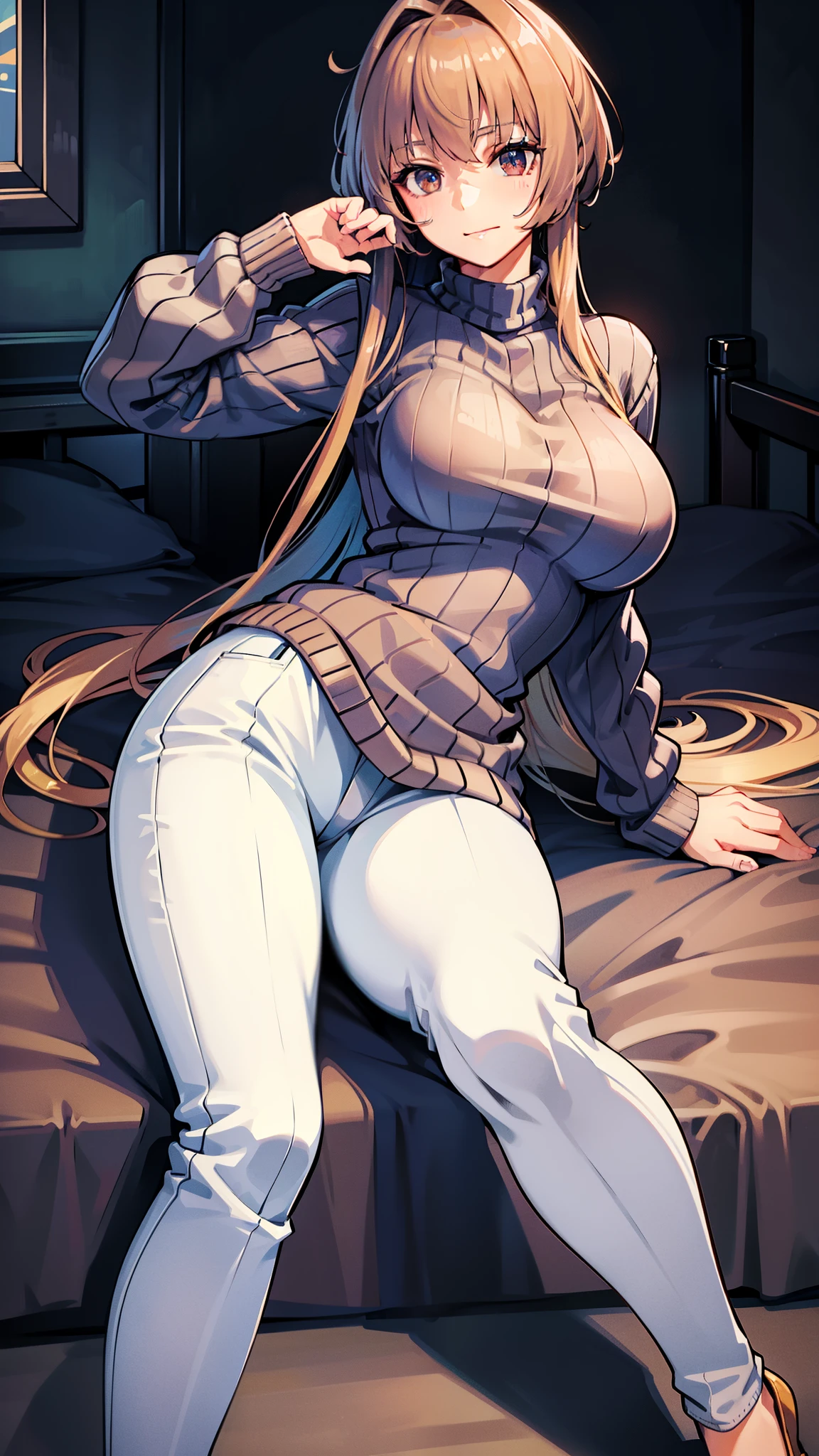 (masterpiece)), ((highest quality)), (super detailed), ((cute)), quavery), ((very detailed)), 4k, (8k), highest quality, (beautiful),(((world class quality))), very detailed, High resolution, (detailed shaded pretty face), whole body, teenager, alone, ((huge breasts)), (((saggy breasts))), spring_costume, (brown sweater), (sweater), (ribbed_sweater), (length_dispel), (white_pants),smile,on bed,sitting