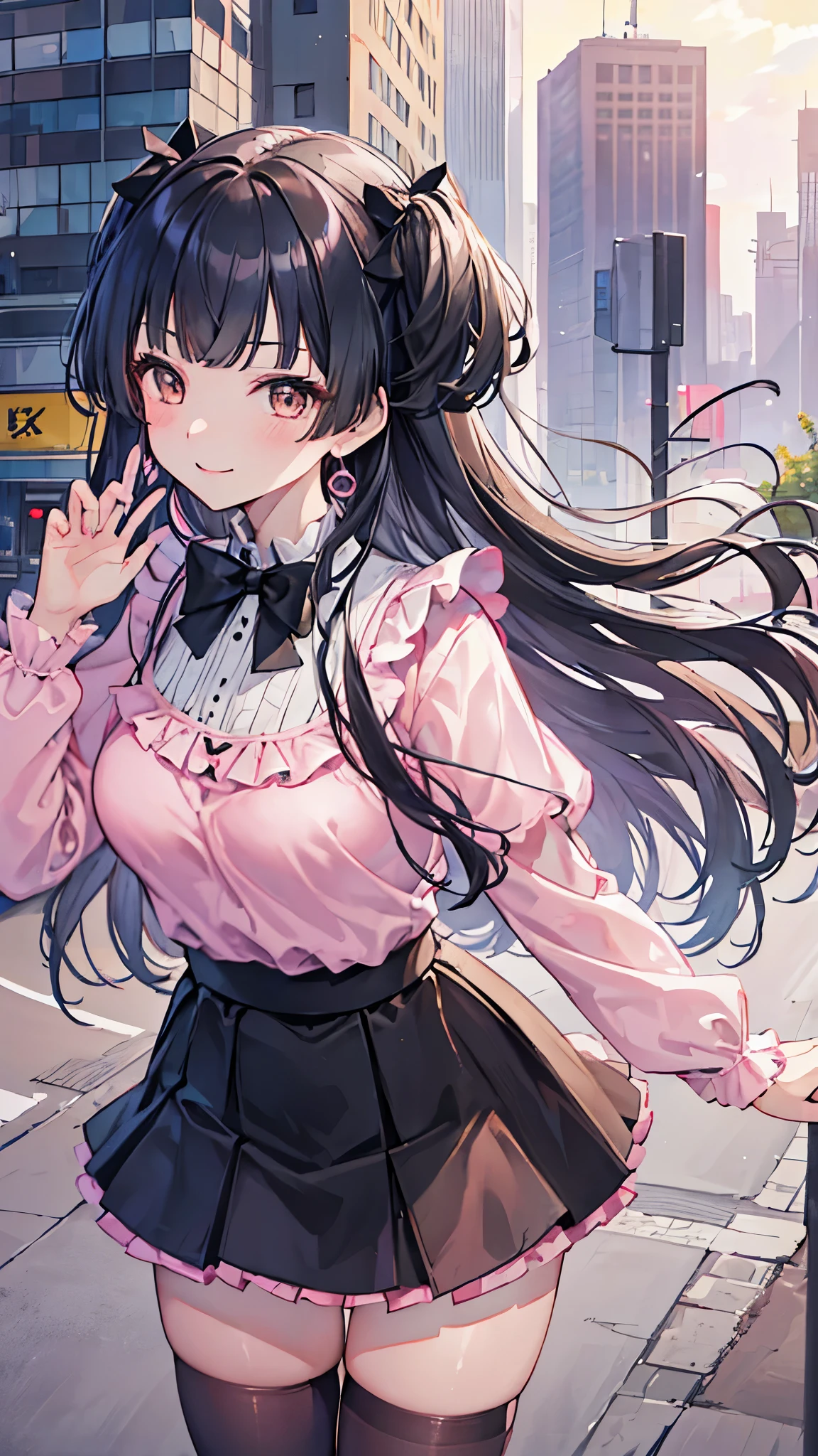 (8k、Best image quality、highest quality、masterpiece)、Detailed face、 1 girl、 fuyuko mayuzumi、black hair、brown eyes、long hair、two side up、smile、Moderate breasts、Pink frilly outfit、Black bow tie、((black miniskirt))、Cowboy Shot、City Background