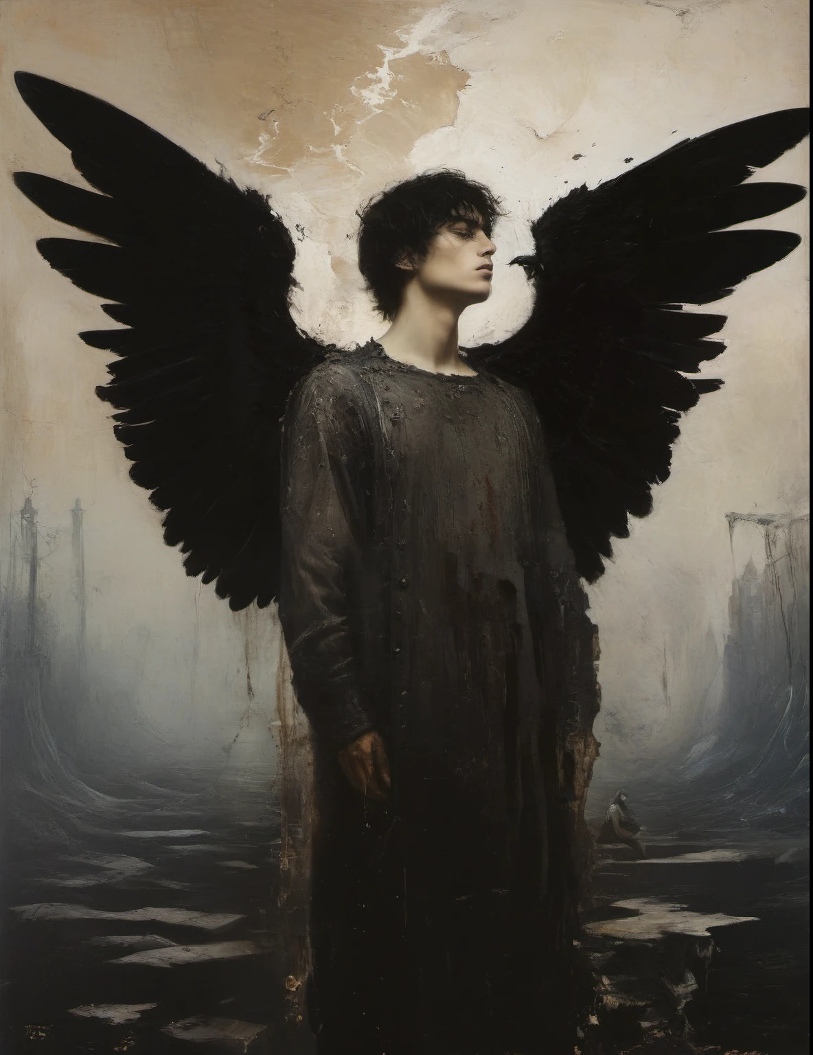 James Gurney, Surrealist art , dream-like, Mysterious, Provocative, symbolic, Complex, detailed,, (Gothic but very beautiful:1.4), (masterpiece, highest quality:1.4) , Nicola Samori Style, Laputa, Young and handsome men、Angel