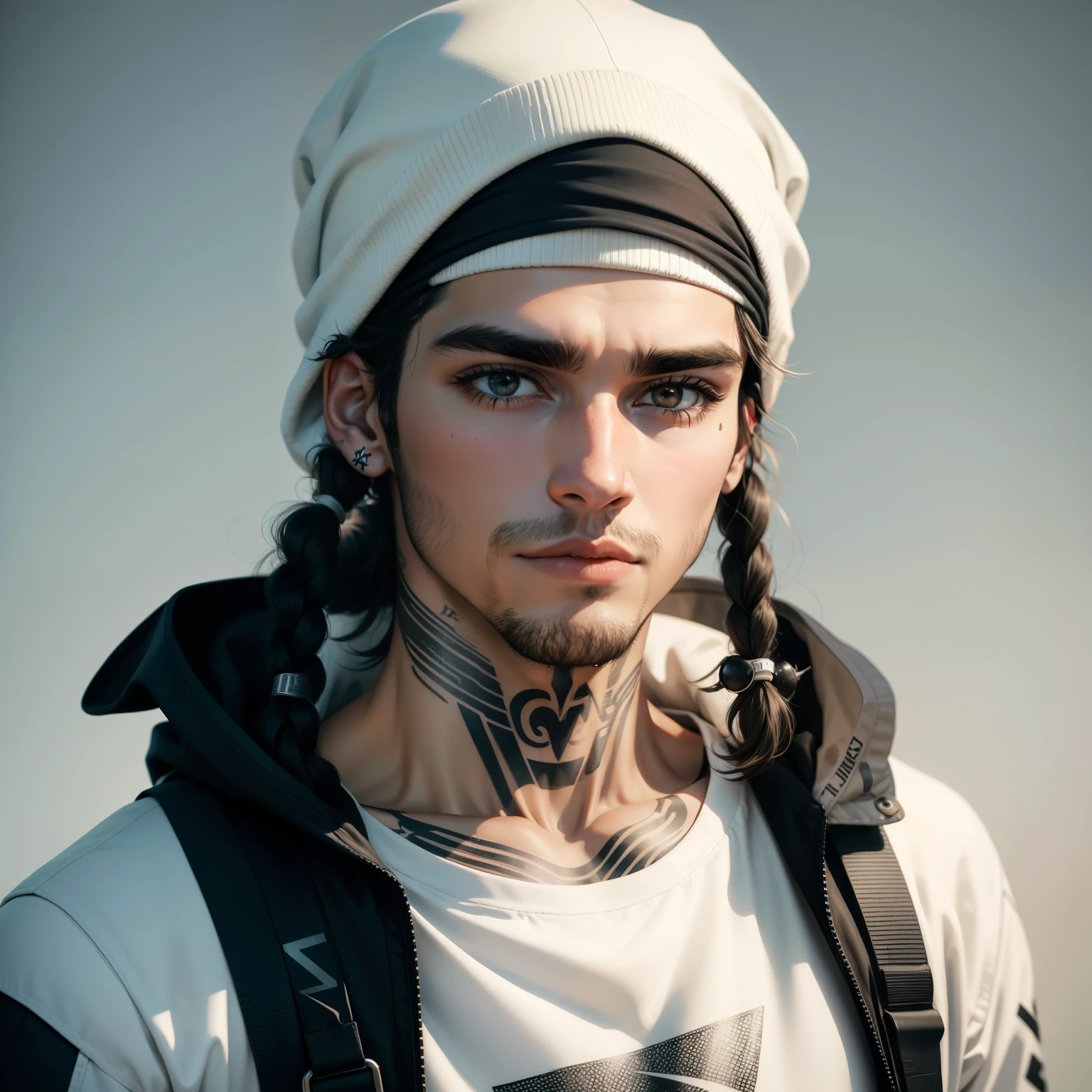 Homem com bandana, cabelo curto branco,com moletom branco e preto da Nike, brincos, olhando para espectador, olhos castanhos, Neck tatoo,