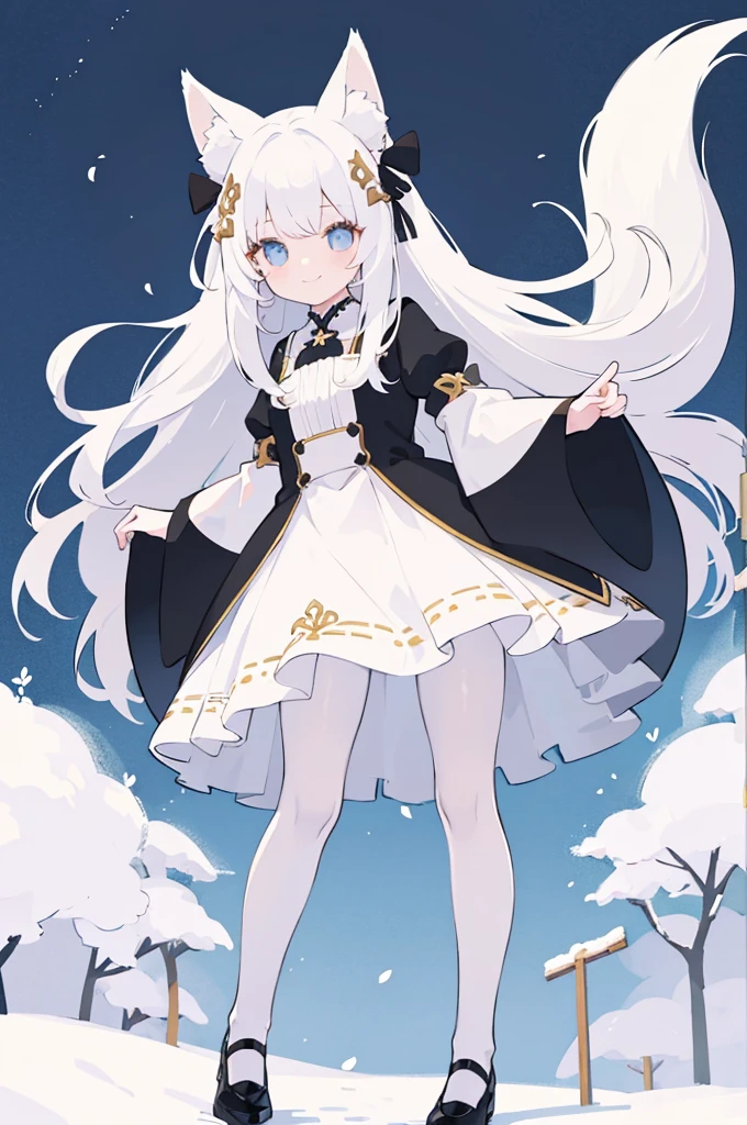 A girl with impressive white hair、Fox ears and tail、Hair Ornament、Black pantyhose、No sleeve、smile、cute shoes with accessories