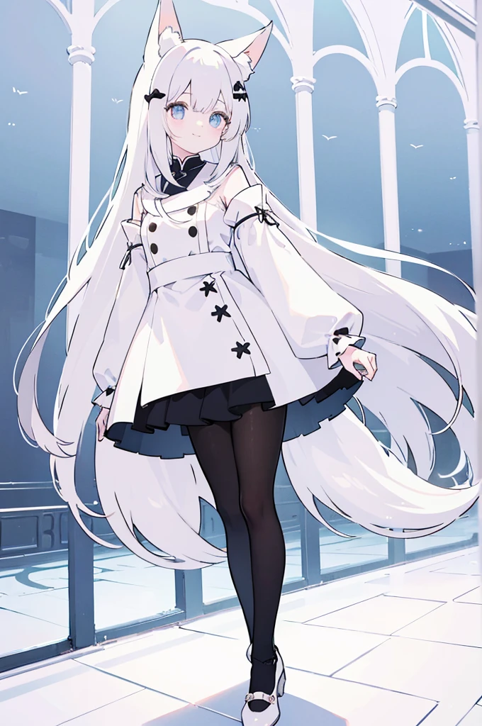 A girl with impressive white hair、Fox ears and tail、Hair Ornament、Black pantyhose、No sleeve、smile、cute shoes with accessories
