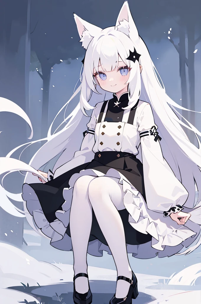 A girl with impressive white hair、Fox ears and tail、Hair Ornament、Black pantyhose、No sleeve、smile、cute shoes with accessories