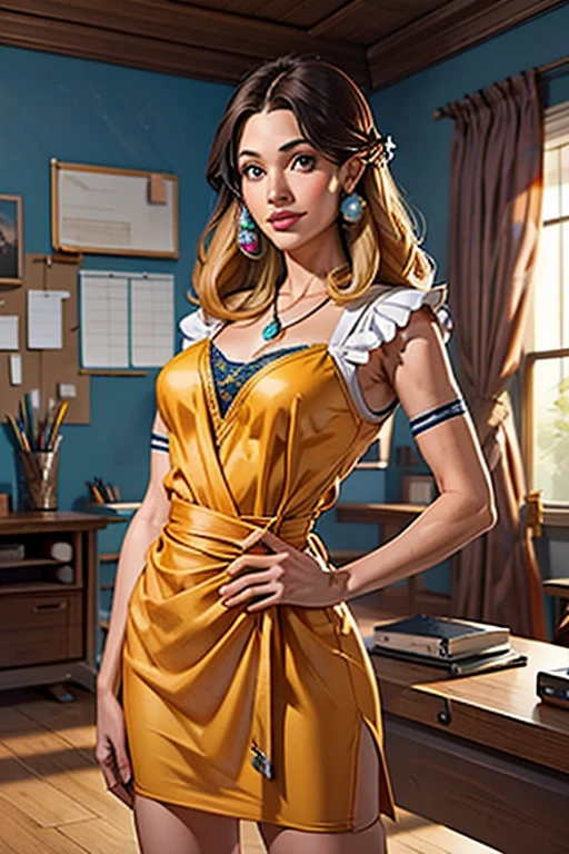 obra de arte, Excelente, (desk: 1.8), Desenho CG com detalhes super altos, standing, 1 royal sister, Nervoso, uma mulher com cabelo curto e bronzeado, vestido em camadas, hands crossed at the waist, Facing the public, illustration, panorama grande angular