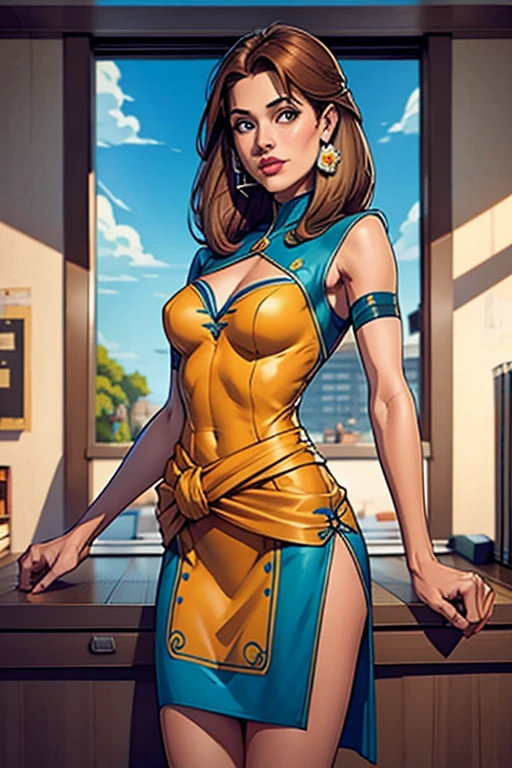 obra de arte, Excelente, (desk: 1.8), Desenho CG com detalhes super altos, standing, 1 royal sister, Nervoso, uma mulher com cabelo curto e bronzeado, vestido em camadas, hands crossed at the waist, Facing the public, illustration, panorama grande angular