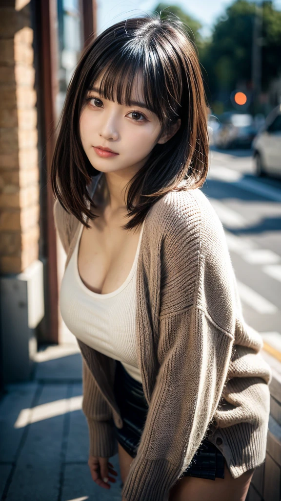 masterpiece, Best Quality, 8K, 20 yo, huge breasts, cuddly, Solo, sad, Cute, Girly, Delicate girl, Neat and clean beauty,  Raw photo, Professional Photography, Portrait, Soft light, Professional Lighting, Back lighting, Upper body, front view, from front, Sophisticated, Film grain, (Eyes and faces with detailed:1.0), short length floating hair, beautiful flowing hair, bangs, knit, a miniskirt
