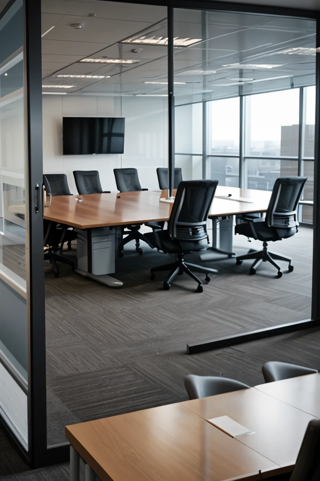 Create an office room with three divided sectors, one being a boardroom, management and operational.