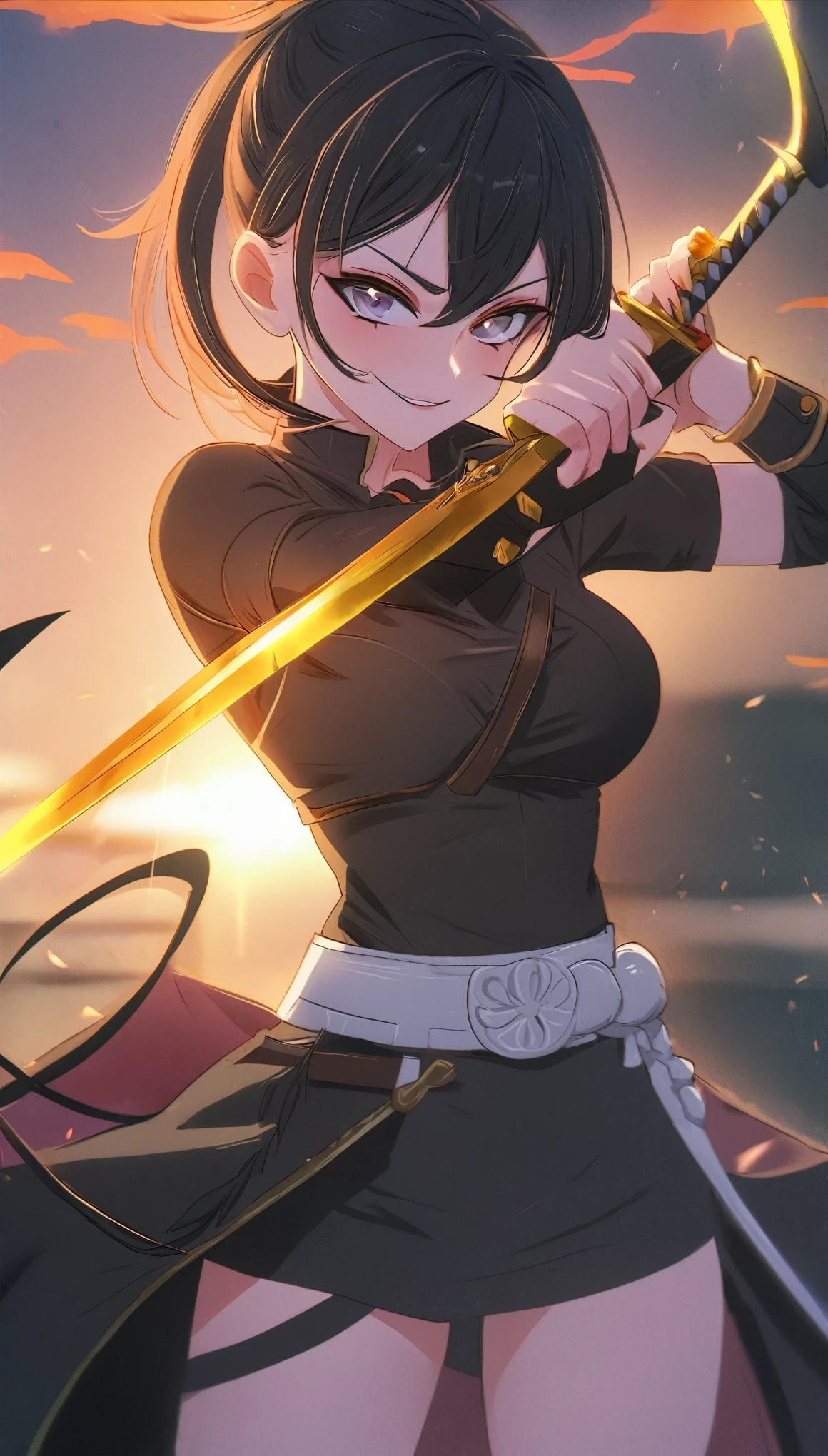 garota anime com espada e roupa preta posando para foto, segurando uma espada no ombro, protagonista feminina 👀 :8, badass anime 8 k, she is holding a sword, she is holding a sword katana, segura uma espada negra, melhor papel de parede de anime 4k konachan, com espada grande, female action anime girl, Demon Slayer Rui fanart, magra, 