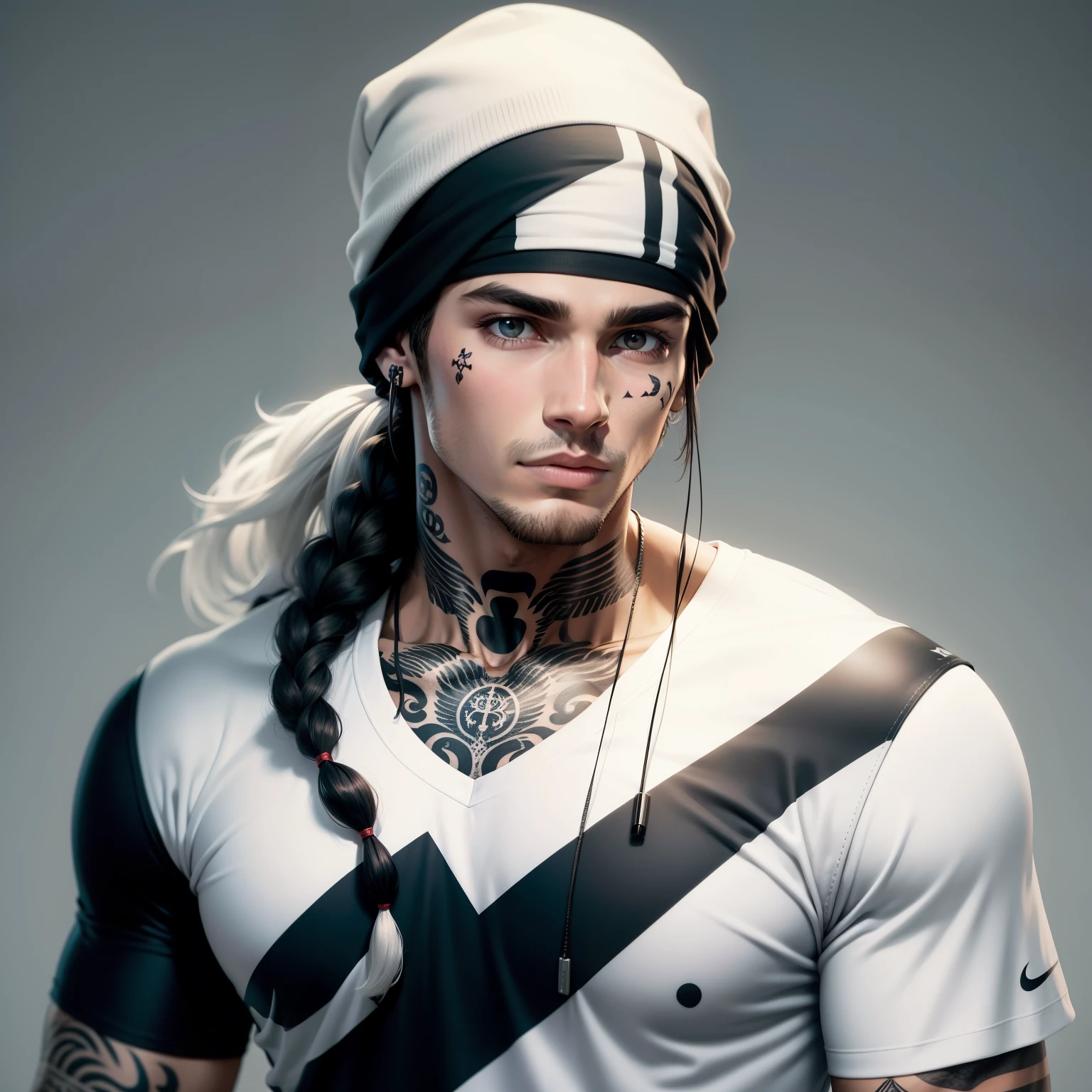 Homem com bandana, cabelo curto branco,com moletom branco e preto da Nike, brincos, olhando para espectador, olhos castanhos, Neck tatoo,