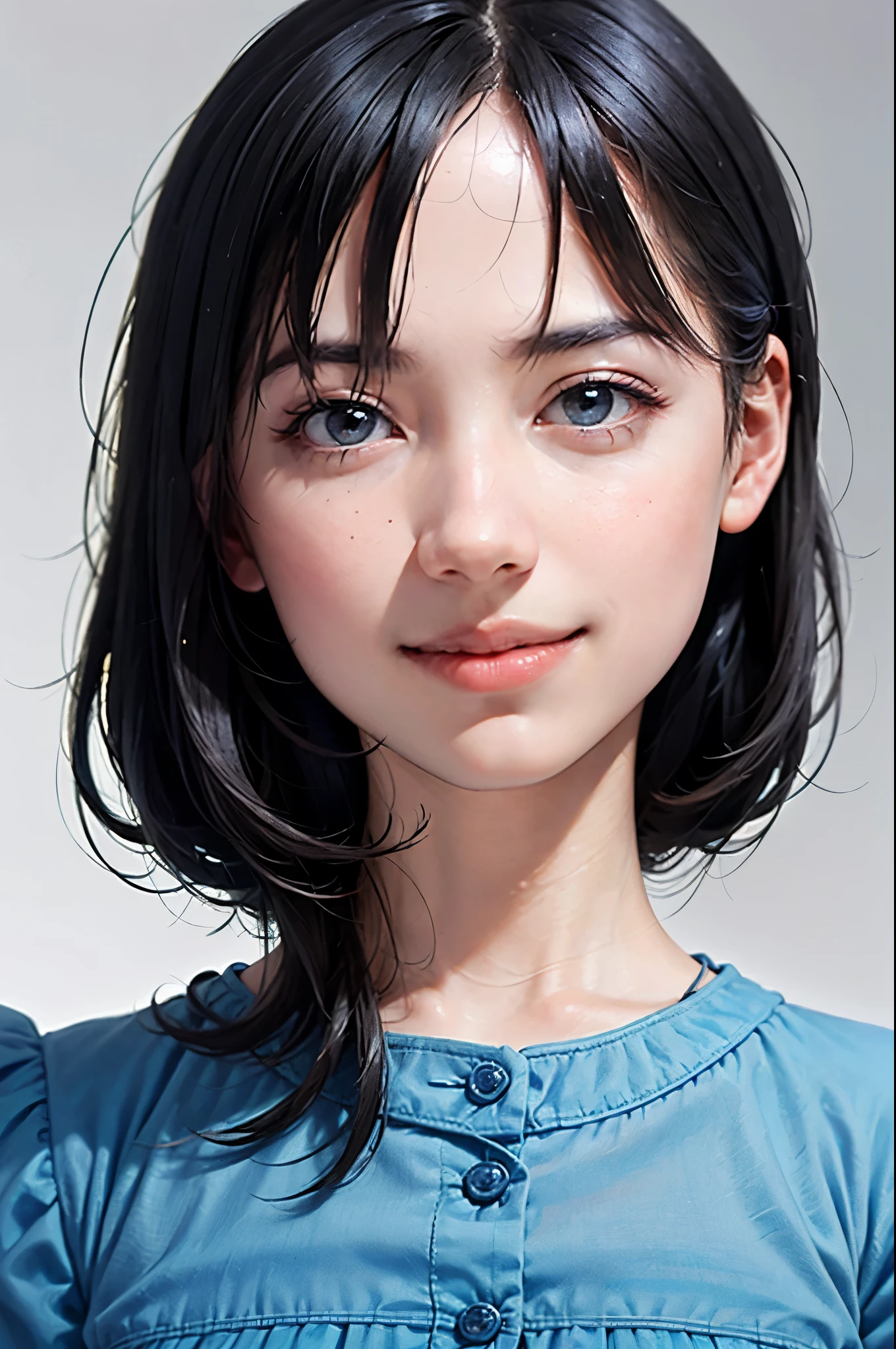 "(highest quality,8k,High resolution,masterpiece:1.2),Very detailed,(Realistic,photoRealistic,photo-Realistic:1.37),(Realistic:1.37),short hair,Flowing jet black hair,fringe,Deep black eyes,21 years old,Light Brown Hair,Blue clothes,Blue uniform,Moderate:Oil,Portrait of a Woman,smile,Vibrant colors,Soft lighting,Studio settings,Fine brushwork,White skin,Gentle expression,Subtle highlights,Thin hair bundle,A confident gaze,Classic black and white palette,Dramatic contrast,Bold composition,Mystery hint,Refined elegance,Professional Poses,Graceful posture,Perfect detail,Smooth skin texture,Perfect symmetry,The beauty of film: a mysterious smile,Sublime Art