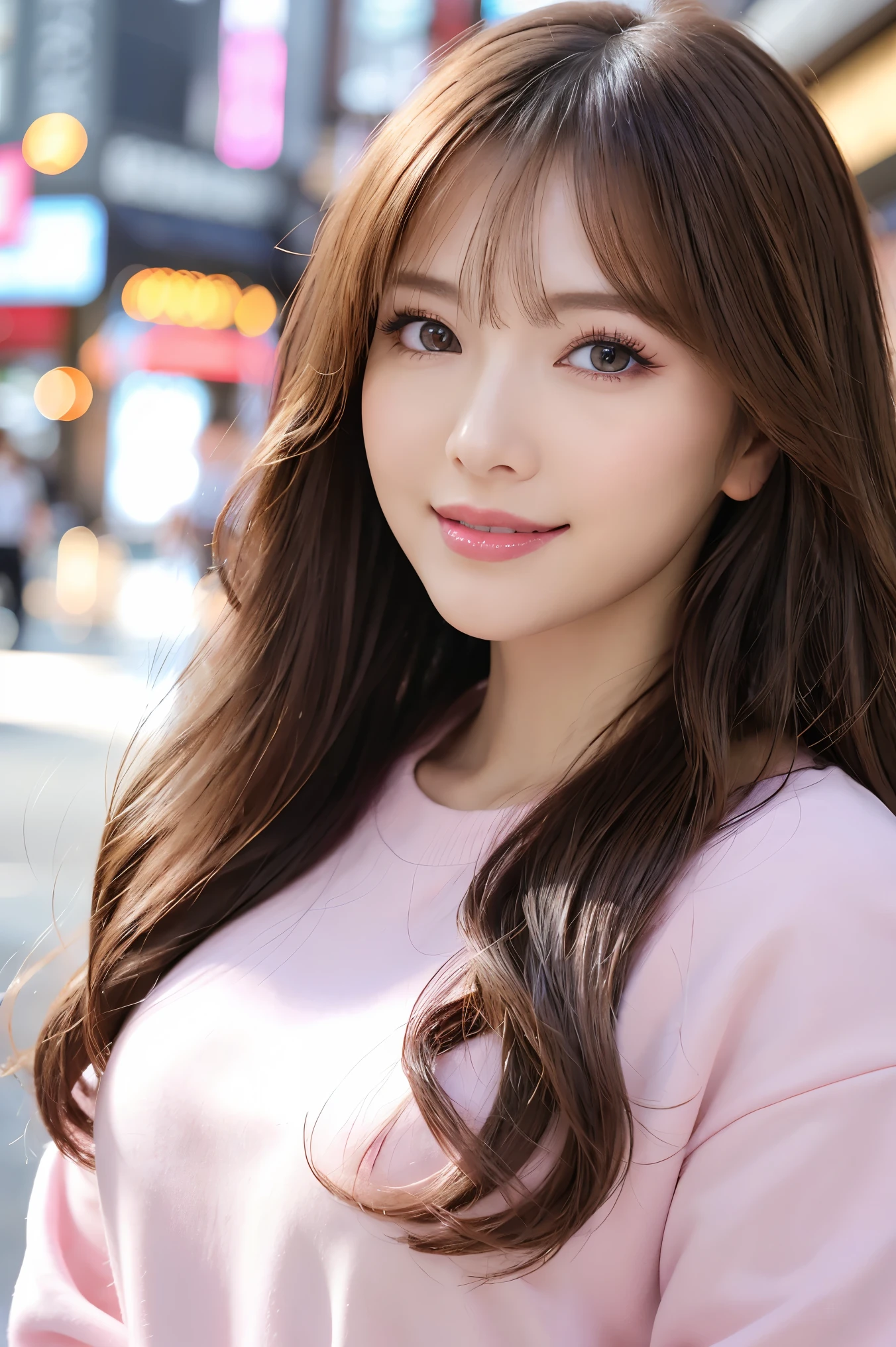 (Tabletop、highest quality、8k、Award-winning works、Ultra-high resolution)、One beautiful woman、(The perfect and most natural long sleeve pink casual sweatshirt:1.1)、(blonde:1.1)、Bright color contacts、Perfect Makeup、Bright and shiny lipstick、(Very heavy makeup:1.2)、(Deep pink around the eyes:1.1)、Beautiful bright eyeshadow、Heavy makeup around the eyes、(Huge breasts:1.2)、(Face close-up:1.5)、Very long wavy hair、(Romantic affection:1.1)、The best smile you ever had when you saw me、(Most of them emphasize the body line.:1.1)、(Strongly blurred vibrant Harajuku street background:1.1)、(Strongly blurred background:1.1)、Accurate anatomy、Ultra HD Hair、(Ultra-high resolutionの完璧な美しい歯:1.1)、Ultra-high definition beauty face、Ultra HD Hair、Ultra-high definition sparkling eyes、輝くUltra-high resolutionの美肌、Ultra-high resolutionの艶やかな唇