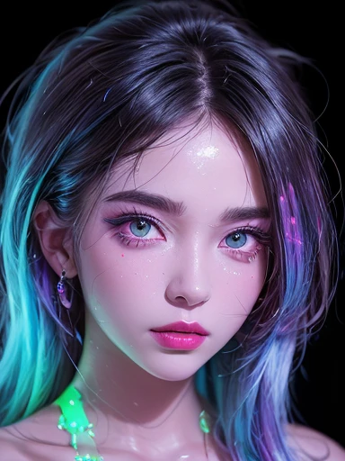 glow in the dark ，Bioluminescent color glow , paint splatter，Glamorous psychedelic surreal neon amazing universe beautiful gorgeous woman in bright colorful neon lightark Reiden、daniel merriam、Bright neon colors in the style of Frank Frazeta and Boris Vallejo, 、fashionable attire，sandals，ultra-realistic realism, psychedelia,  opulent, Beautiful, finedetail, intricately details, ultra - detailed, Oil painting, blue left eye, purple right eye, black eyeliner, red lips, glossy lips, 1girl