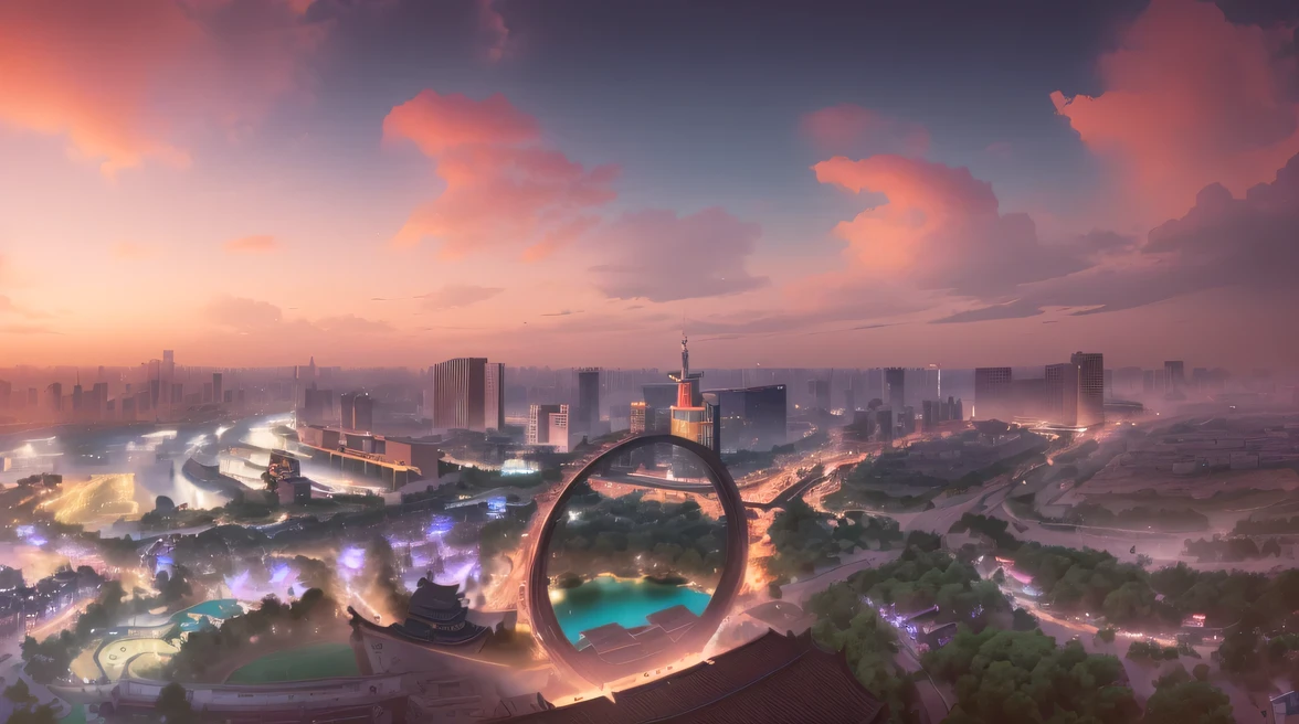 Arabik view of the city with a river and a bridge, super Unobscured of a cityscape, Hangzhou, Baotou China, Shenzhen, ultra - Unobscured, Drones overlook the city, Ultra-wide-angle view, Unobscured, ultra wide lens shot, Guangjian, City aerial view, Beijing, City Panorama, ruanjia