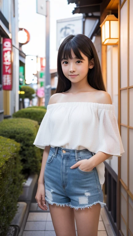 masterpiece, highest quality,( Japan girl:1.5),(I feel like crying:1.3) ,White off-shoulder、The close-fitting shorts,Are standing,garden,,(Junior high summer clothes and hairpins:1.8),Brown eyes,(small:1.7),(Smooth straight hair:1.5),(Slender body,Thin legs),Detailed eyes,Very white skin,Let your bangs down,Detailed body,Detailed hand,No makeup, smile,Hands to the side,flower,Shot from diagonally above