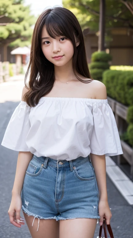 masterpiece, highest quality,( Japan girl:1.5),(I feel like crying:1.3) ,White off-shoulder、The close-fitting shorts,Are standing,garden,,(Junior high summer clothes and hairpins:1.8),Brown eyes,(small:1.7),(Smooth straight hair:1.5),(Slender body,Thin legs),Detailed eyes,Very white skin,Let your bangs down,Detailed body,Detailed hand,No makeup, smile,Hands to the side,flower,Shot from diagonally above