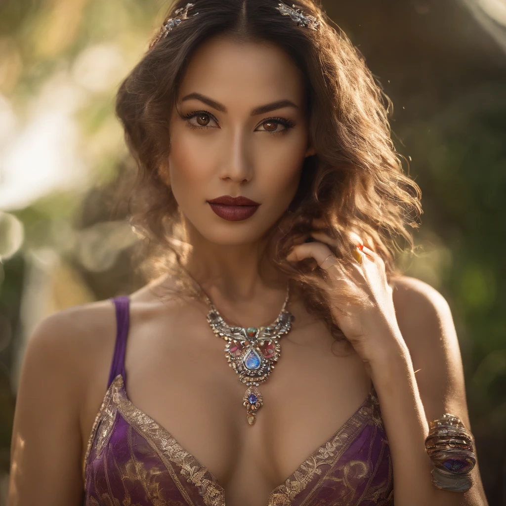 Color Photography with intricate details of a VERY BEAUTIFUL Japanese(1girl), large breasts, bathing suit top and bottoms, PURPLE, TIGHT, Beach scene, hyper-realistic, lens flare, adorned with exotic Oriental JADE jewelry, Masterpiece, Bright, Beautiful Perfect face, soft perfect skin, hour glass figure, Full body view, Wide-Angle, Best Quality, ultra-detailed, ultra realistic, Bright, highly polished, very long wild hair, maxrgb, diamondeffect, mirroring, unreal engine, 