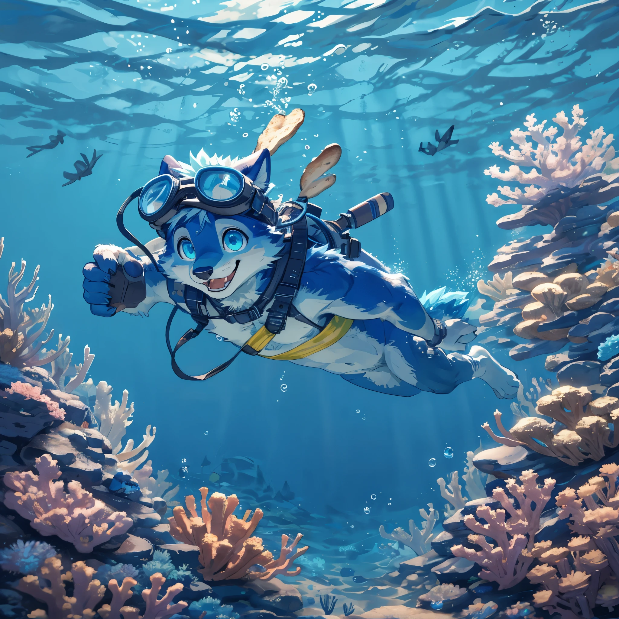 masterpiece,High quality,furry,male people,blue fur,right blue eye,diving,sea bread,coral reef,happy face,underwater goggles,beautiful eye,catch light